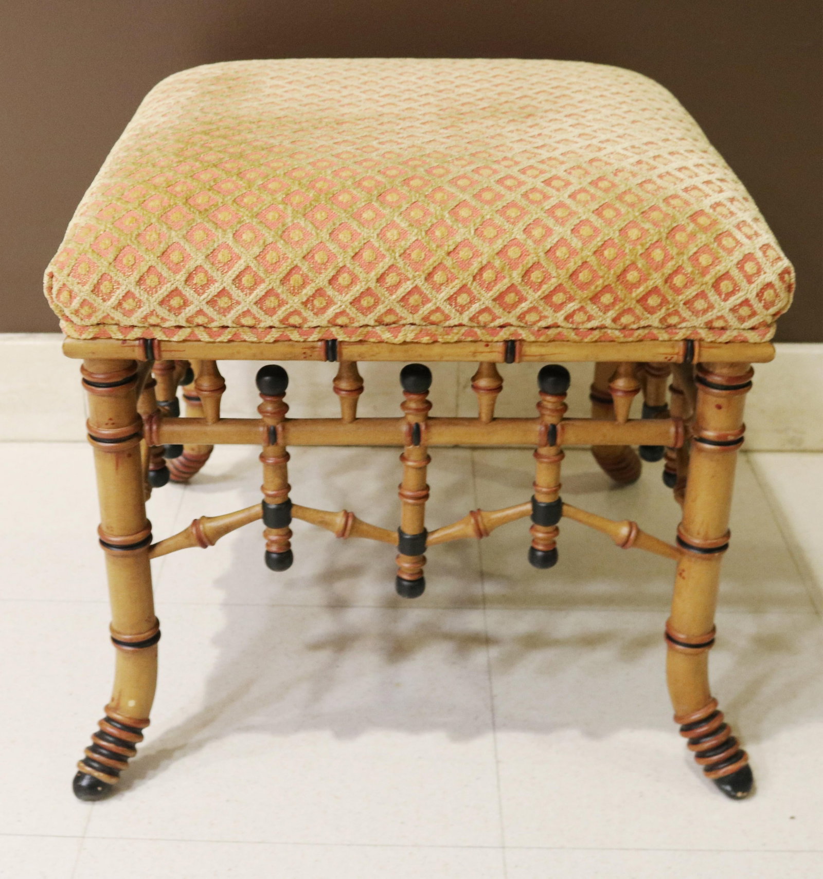 PAINTED AND FAUX-BAMBOO TURNED CHINESE CHIPPENDALE UPHOLSTERED SQUARE-TOP FOOTSTOOL, possible (1 of 7)