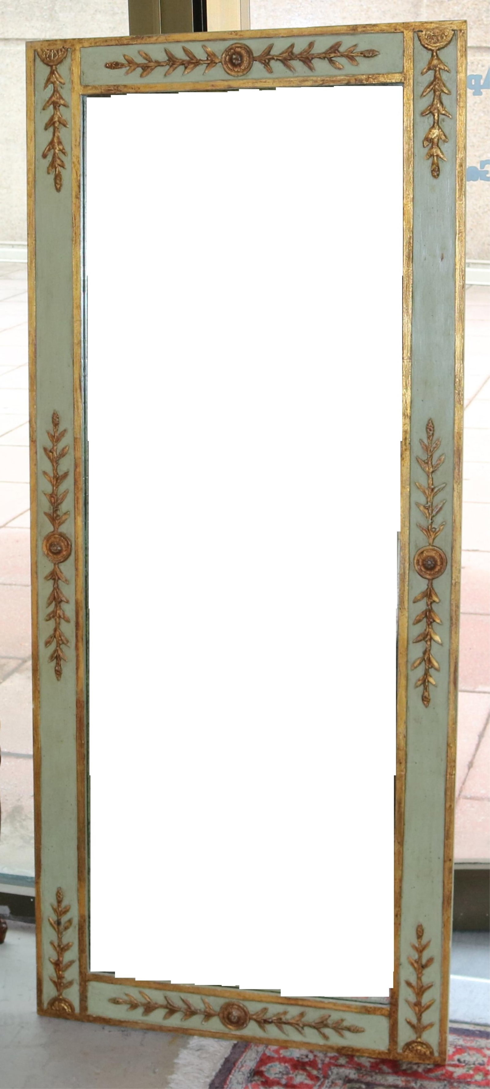 NEOCLASSICAL PALE GREEN PAINTED AND GILT RECTANGULAR WALL MIRROR - 60 in. x 26 in.. (1 of 5)