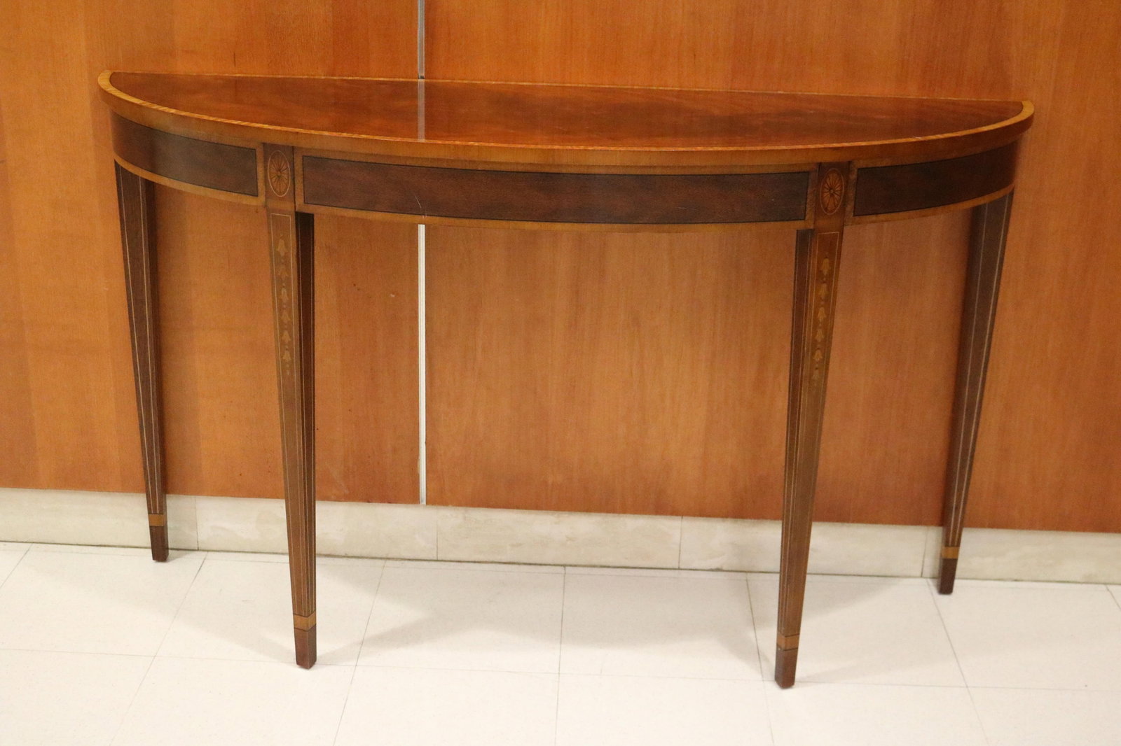 FEDERAL-STYLE INLAID MAHOGANY BOW-FRONT NARROW CONSOLE HALL TABLE - H: 32 in. W: 54 in. D: 16 in.. (1 of 8)