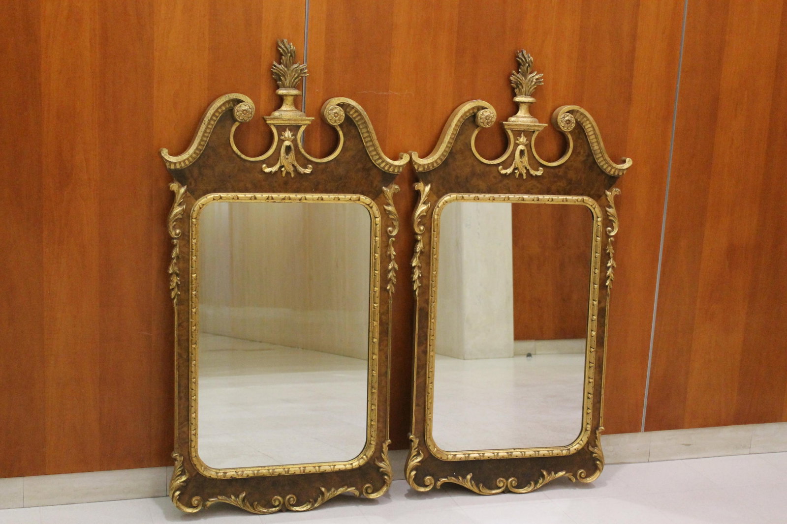 PAIR GEORGIAN STYLE BURLWOOD-AND-GILT FINISH CARVED WOOD CONSTITUTION WALL MIRRORS Hand-made in (1 of 6)
