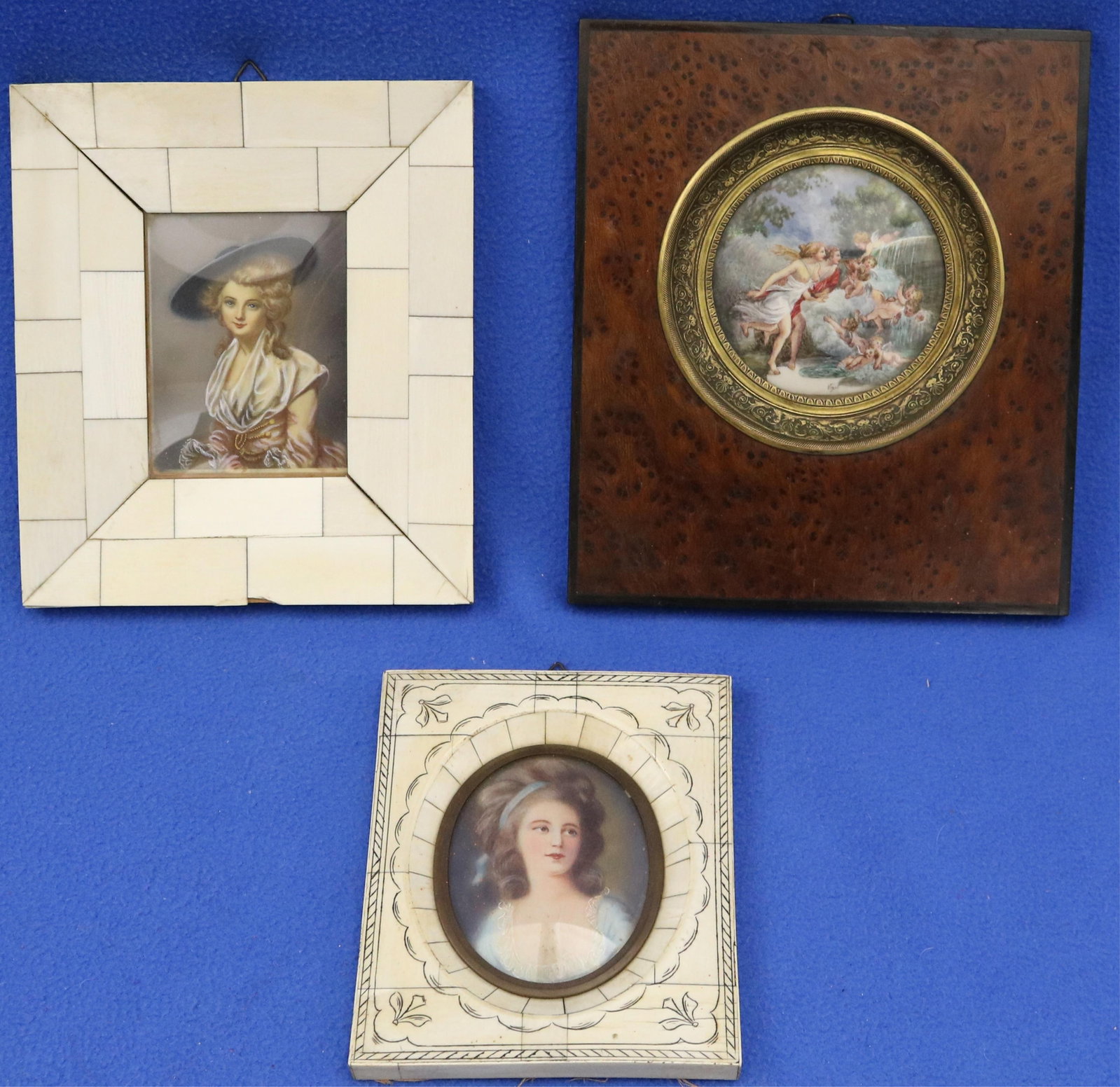 THREE CONTINENTAL PORTRAIT AND MYTHOLOGICAL MINIATURES IN DECORATIVE FRAMES 19th century - . (1 of 18)