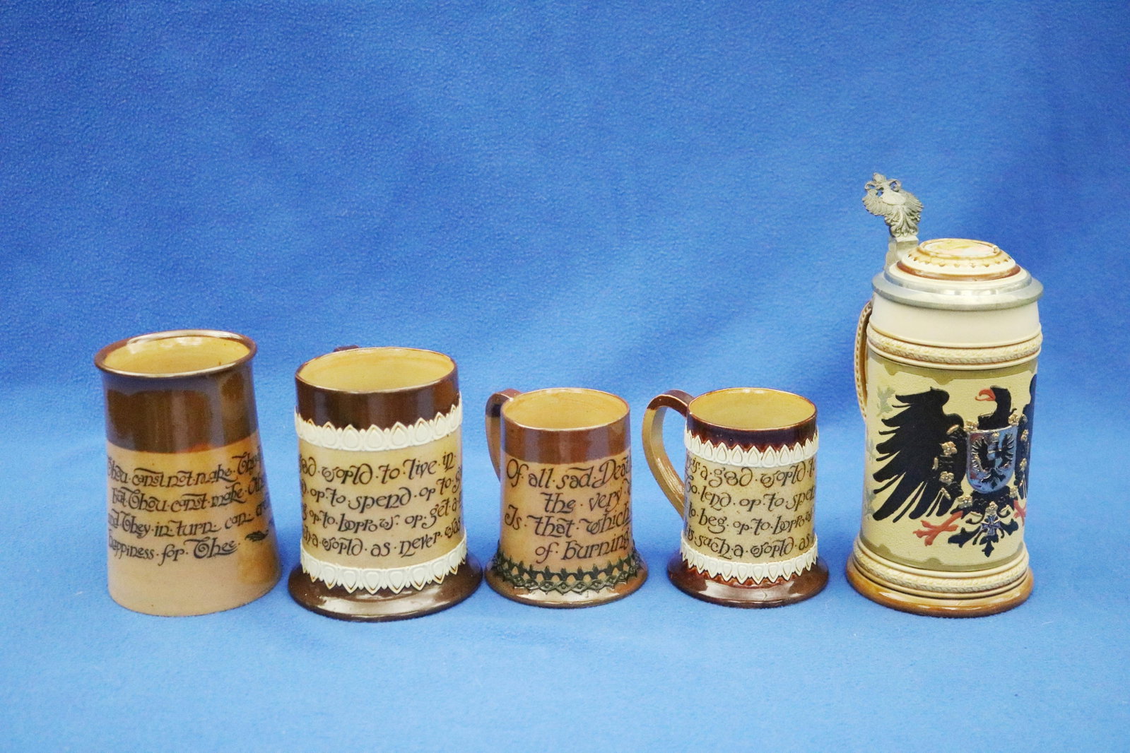 CASTLE METTLACH BEER STEIN WITH FOUR ENGLISH DOULTON-BURSLEM POTTERY MUGS STAMPED "J. MCD & S (1 of 11)