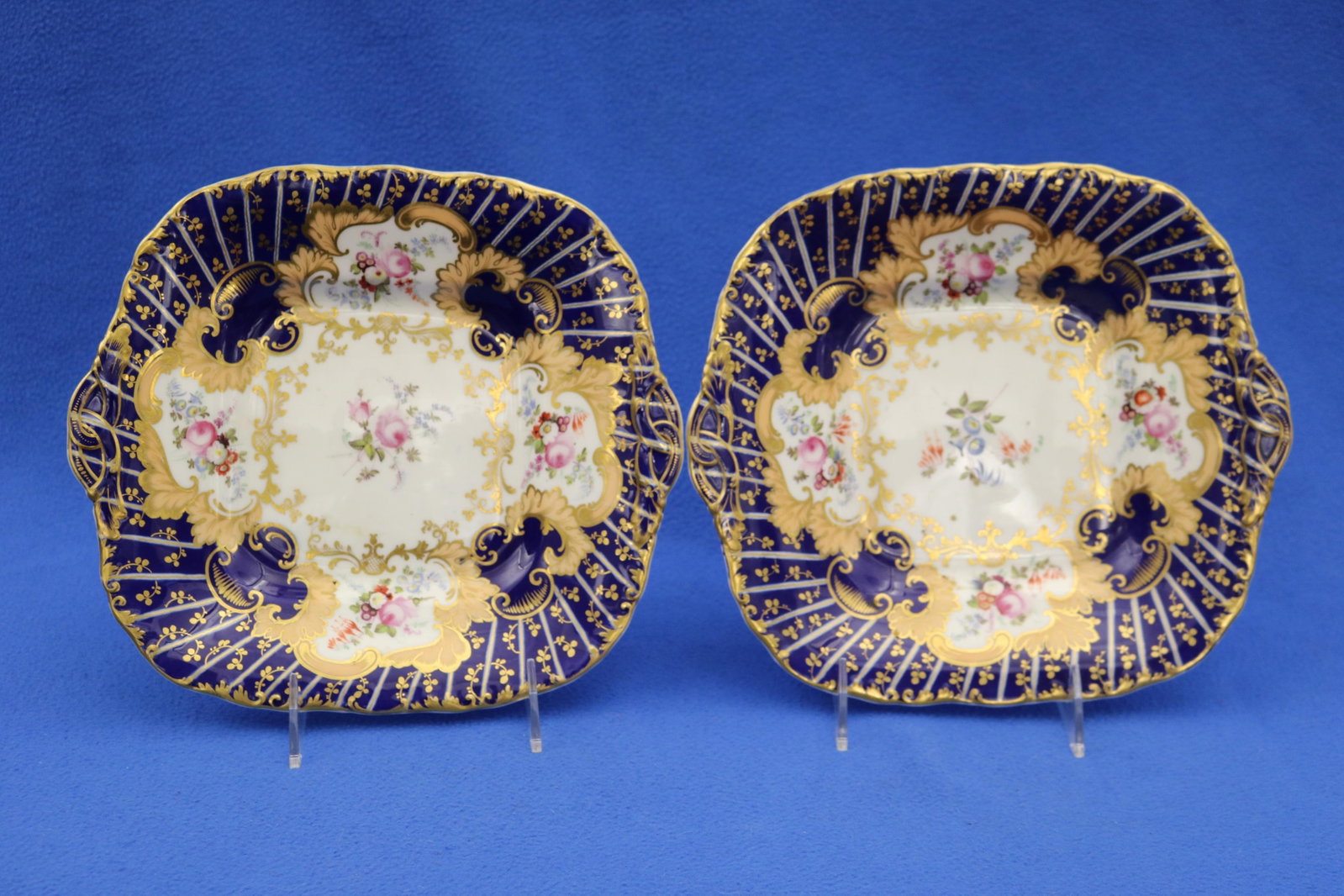 ENGLISH POLYCHROMED PORCELAIN SHAPED DESSERT PLATES - 9 in. square. (1 of 10)