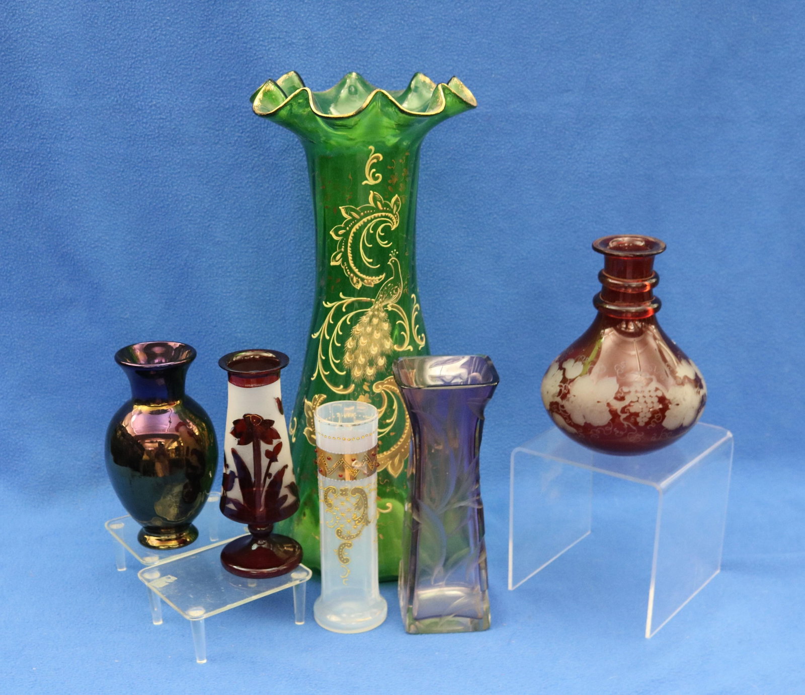 SET SIX ASSORTED GLASS VASES late 19th-early 20th century - Tallest, H: 15 3/4 in.. (1 of 16)