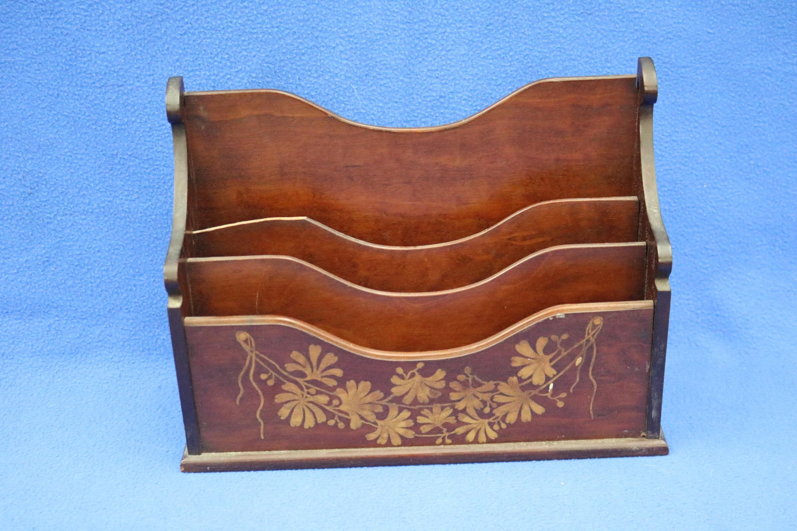 TWO MATCHING FLORAL INLAID LETTER RACKS - Larger, H: 8 1/2 in. W: 10 3/4 in.. (1 of 4)