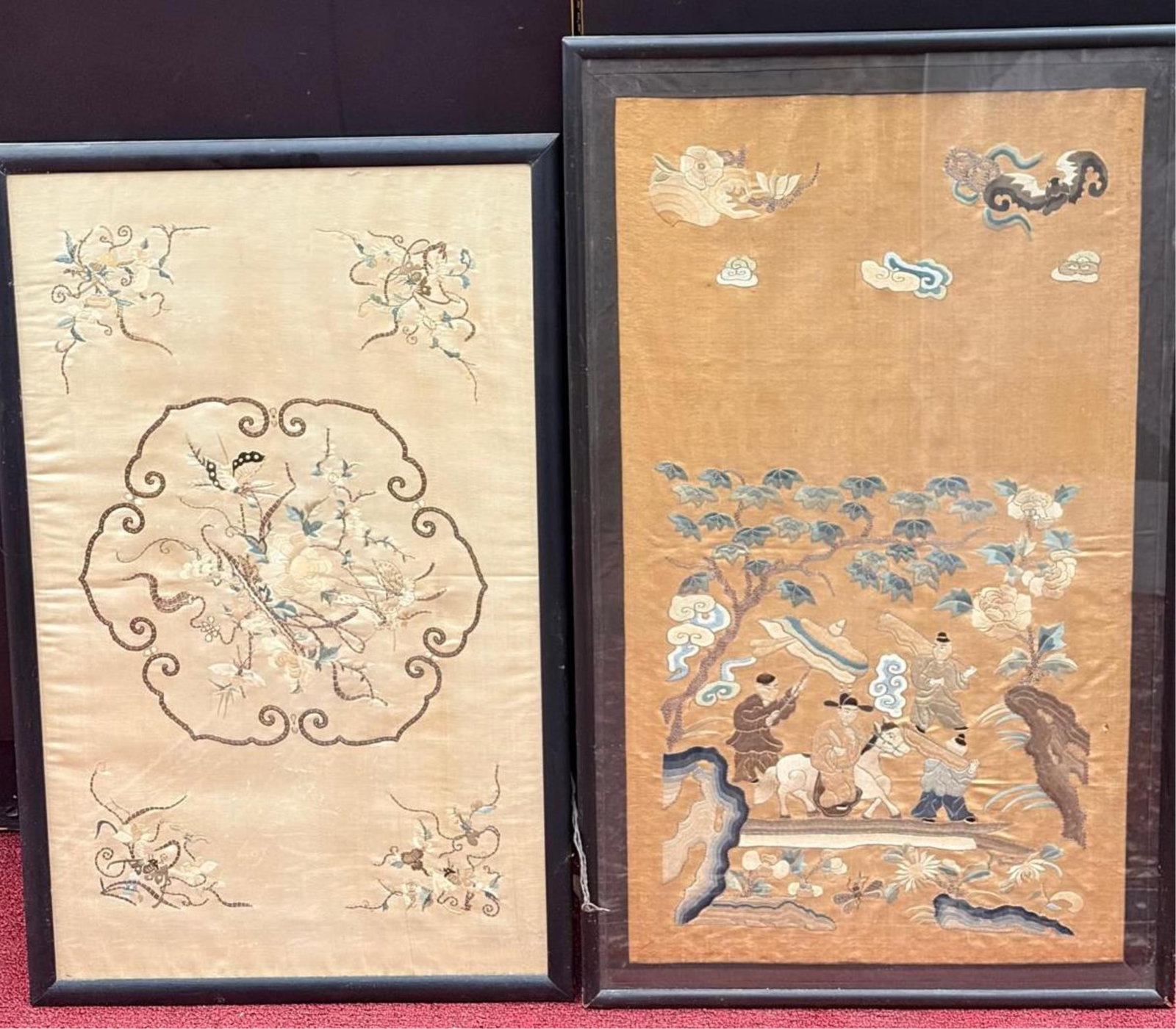 TWO CHINESE HIDDEN-STITCH EMBROIDERED PANELS - Larger, 25 in. x 13 1/4 in. Both framed. (1 of 20)