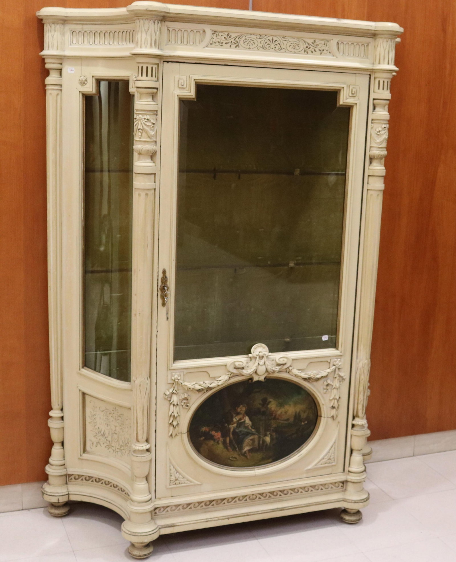 CREAM-COLOR PAINTED DISPLAY CABINET WITH VERNEY MARTIN PAINTED OVAL DOOR PANEL - . (1 of 15)