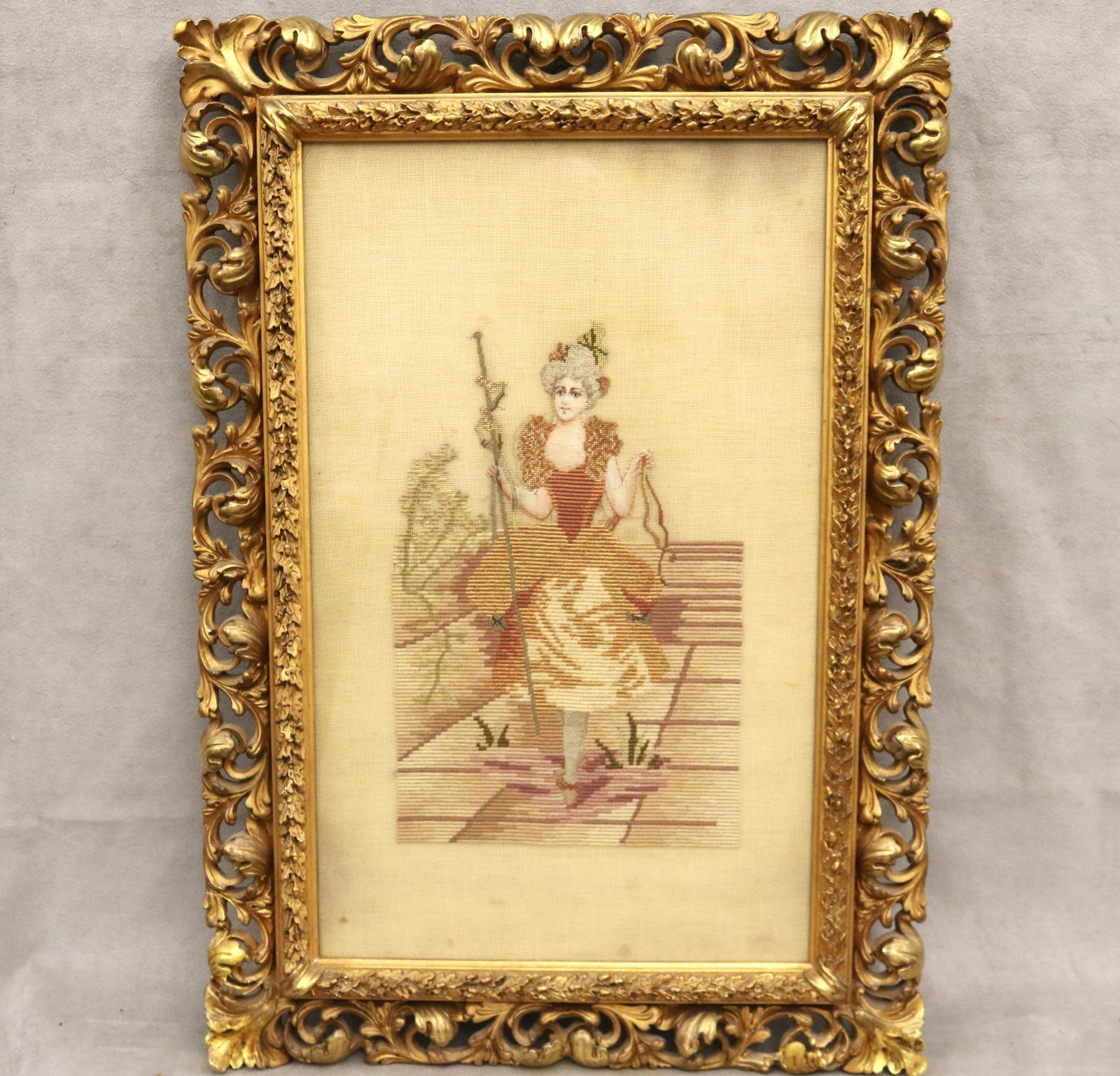 NEEDLEWORK DEPICTING MAIDEN DRESSED AS SHEPHERDESS 19th century - Framed. (1 of 12)