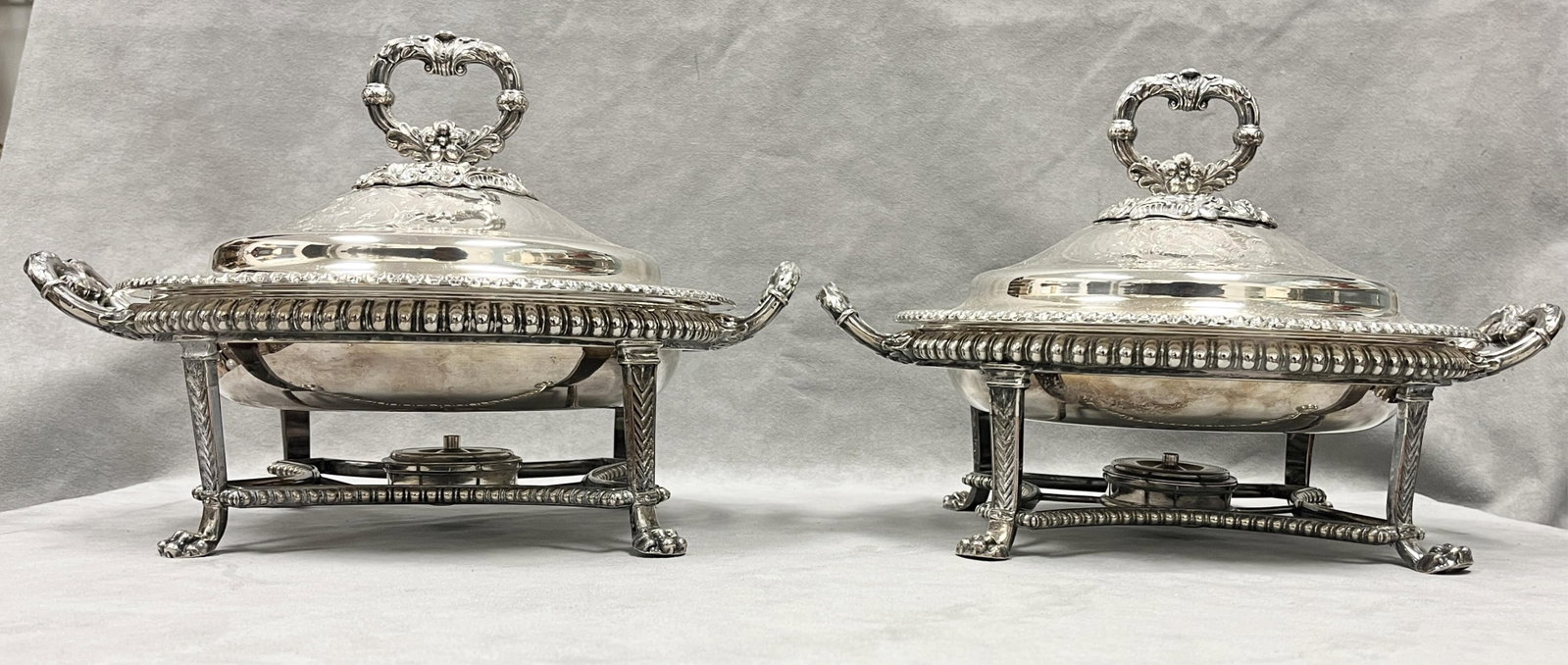 PAIR ENGLISH GEORGE III SILVER-ON-COPPER LIFT-COVER CIRCULAR SERVING DISHES ON SEPARATE STANDS WITH (1 of 10)