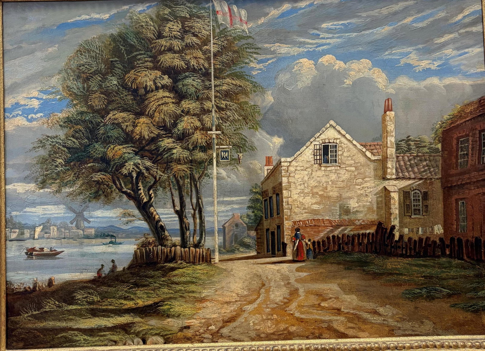 ENGLISH SCHOOL (19th century). An English Riverside Inn with Figures, Oil on board, 11 x 15 inches;: ENGLISH SCHOOL 19th century An English Riverside Inn with Figures Oil on board A detailed 19th-century oil depicting a bustling English riverside scene, with a stone inn flying the Cross of St George 