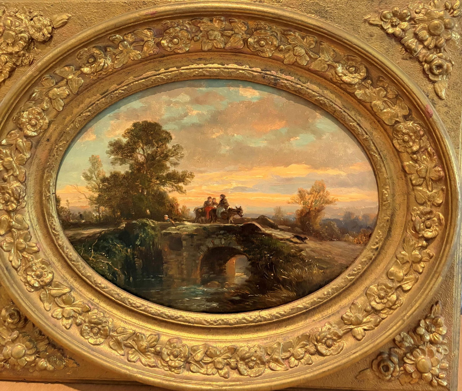 ENGLISH SCHOOL (19th century). Travelers Crossing a Stone Bridge at Dusk, Oil on panel, 10 x 13 (1 of 11)