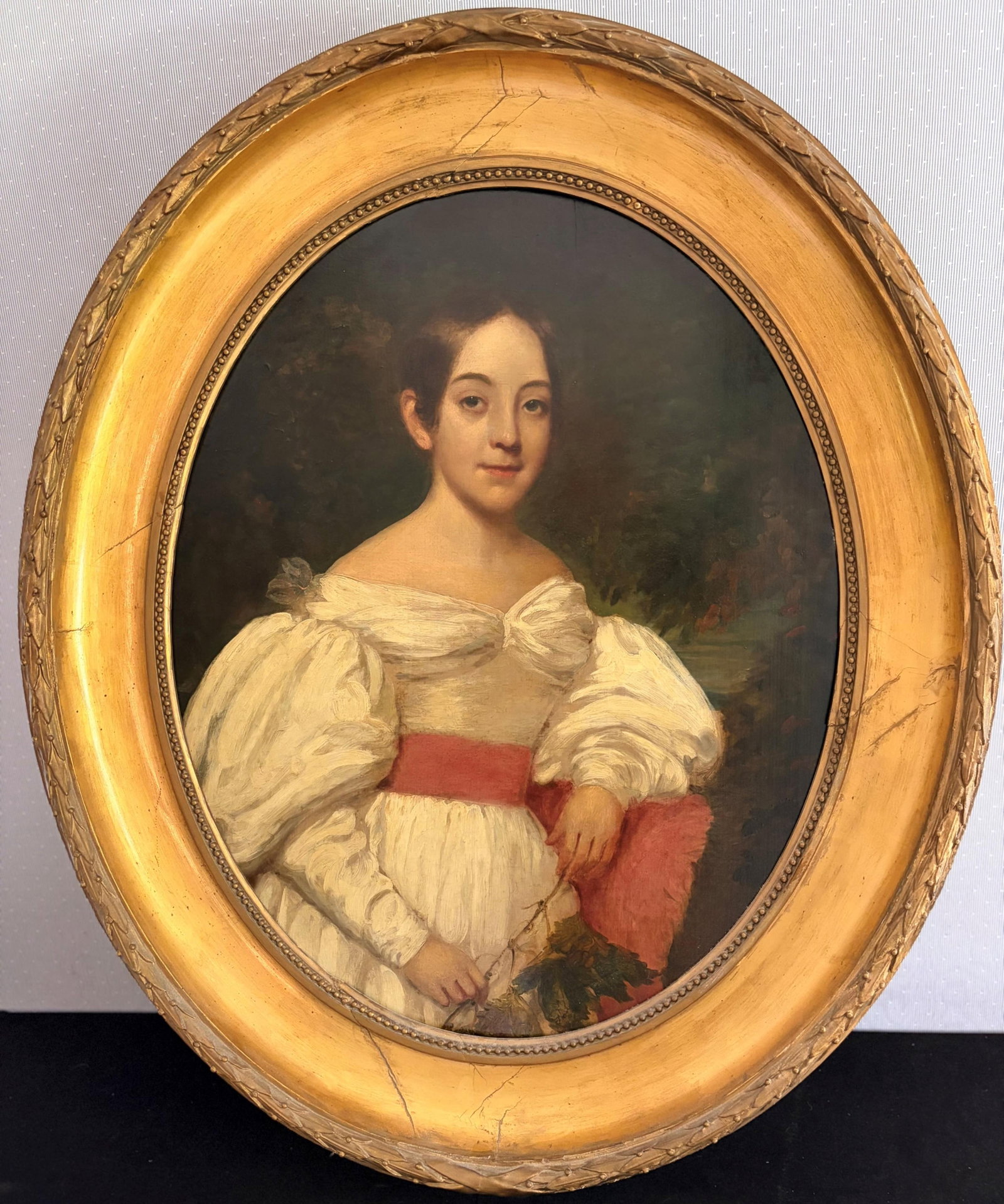 SPANISH SCHOOL (19th century). Portrait of the Infanta Maria Luisa Teresa de Borbon, later Duchess: SPANISH SCHOOL 19th century Portrait of the Infanta Maria Luisa Teresa de Borbon, later Duchess of Sessa Oil on canvas, Oval oil painting set in an ornate gilded frame, depicting a young woman in a wh