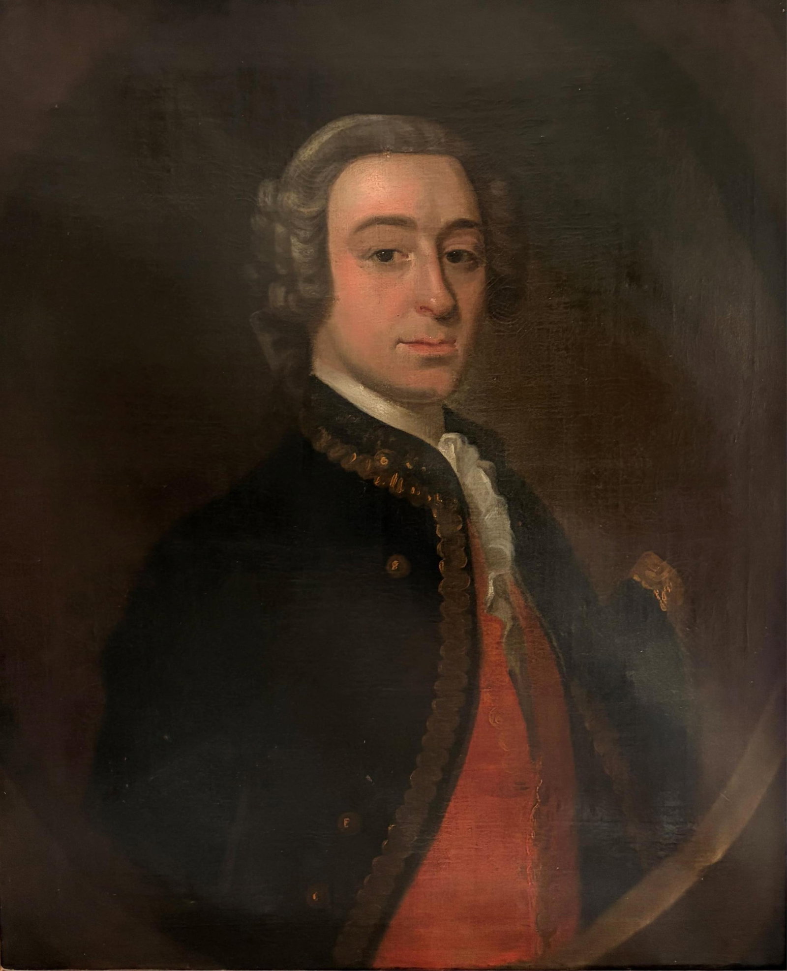 ENGLISH SCHOOL (18th/19th century). Portrait of an English Gentleman, Oil on canvas., 30 x 25 inches: ENGLISH SCHOOL 18th/19th century Portrait of an English Gentleman Oil on canvas. Oil portrait of an English gentleman wearing a dark coat with ornate gold trim and a red waistcoat beneath, paired with