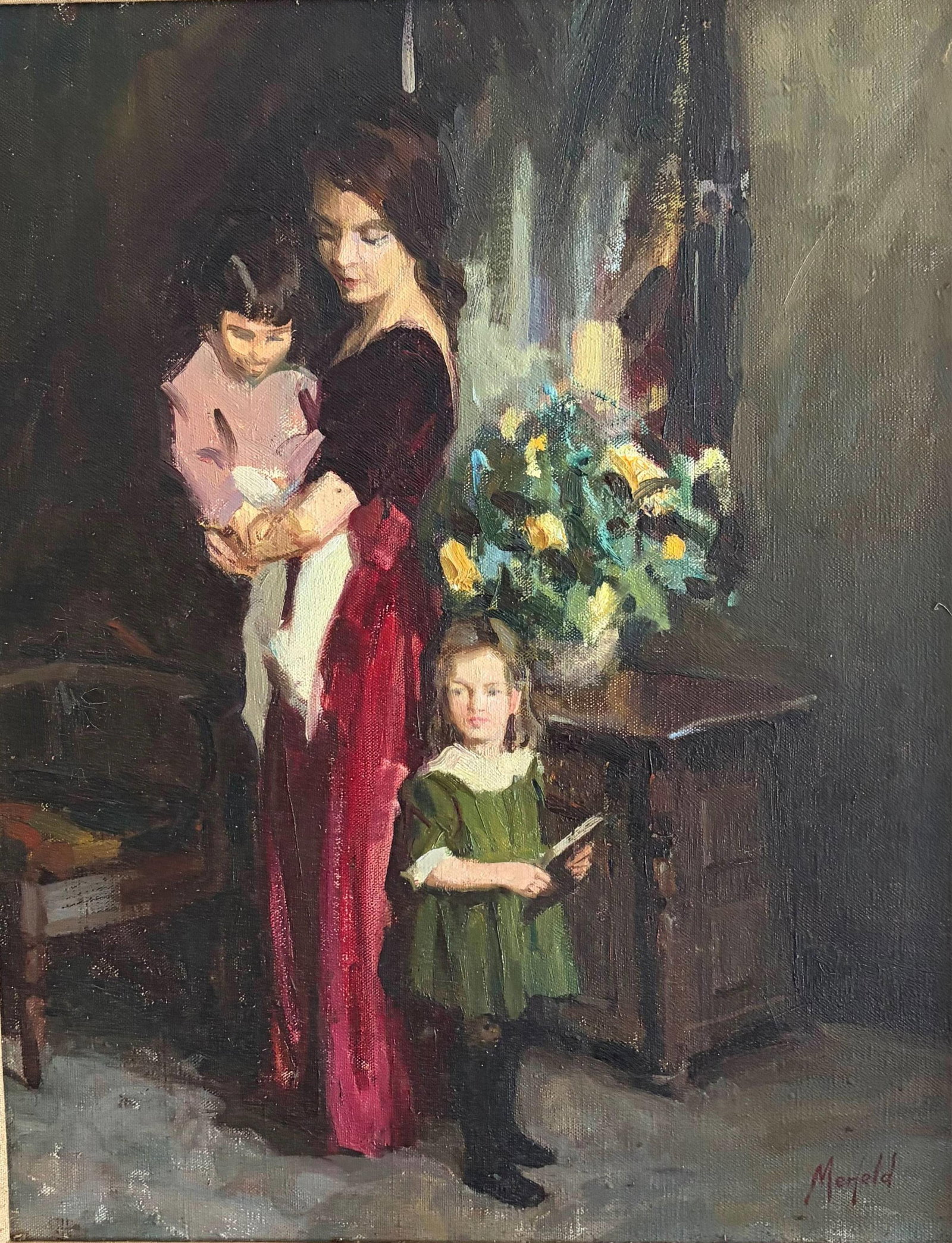 GERALD LYDON MERFELD (American, born 1936). A Mother and Her Two Children, 1968, oil on canvas, 20 x: GERALD LYDON MERFELD American, born 1936 A Mother and Her Two Children, 1968 oil on canvas An interior scene depicting an elegant mother in a crimson gown holding an infant whilst a young girl in a gr