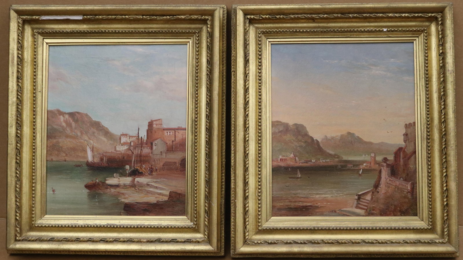 ALFRED POLLENTINE (British, 1836?1890). A Pair of Mediterranean Harbour Scenes, Oil on canvas, Each: ALFRED POLLENTINE British, 1836?1890 A Pair of Mediterranean Harbour Scenes Oil on canvas pair of oils on canvas that depict Mediterranean coastal harbours, each animated by fishing vessels, figures o