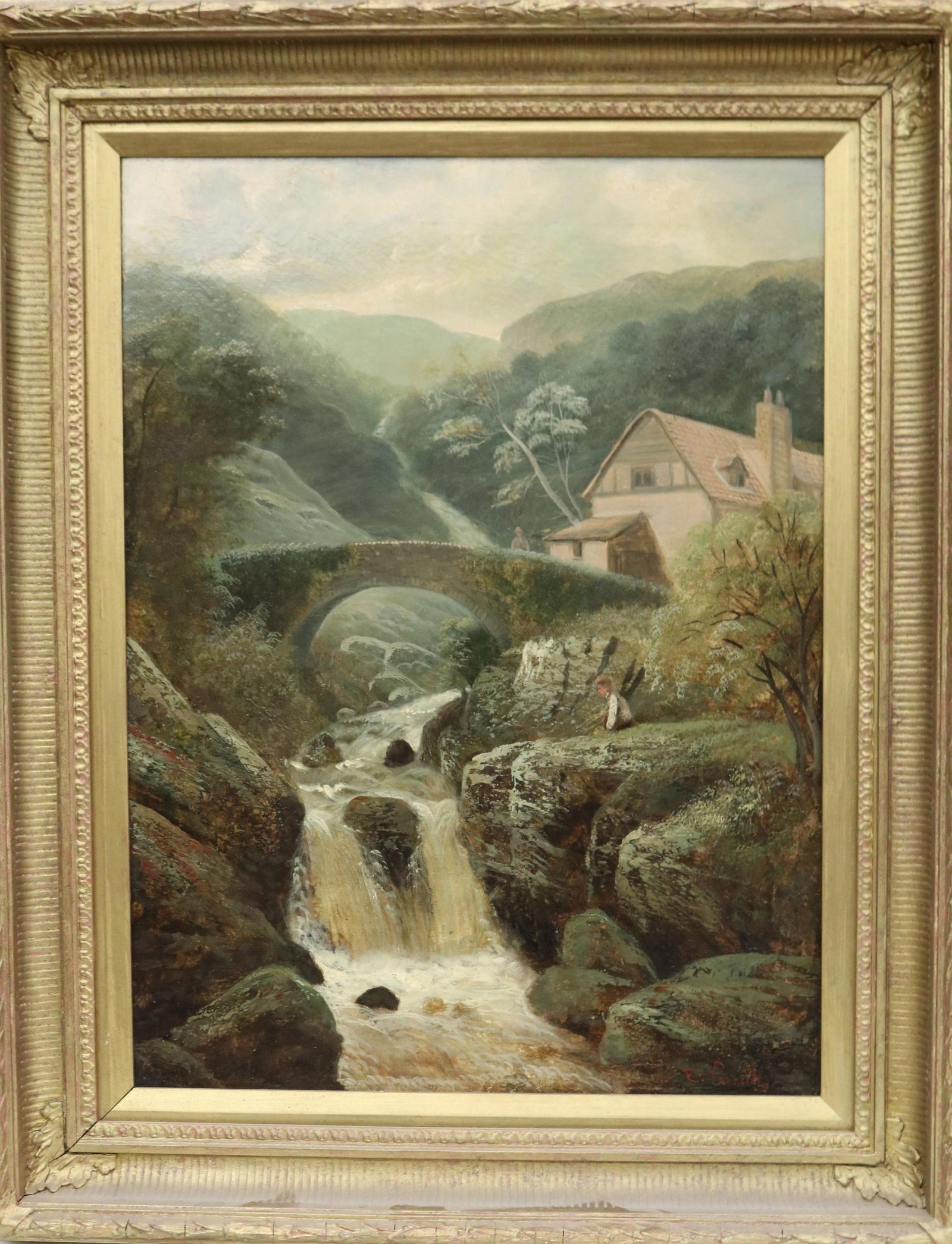 EDWARD PRIESTLEY (English, 1820-1880). A Cascading Stream with Stone Bridge and Cottage, Oil on (1 of 10)