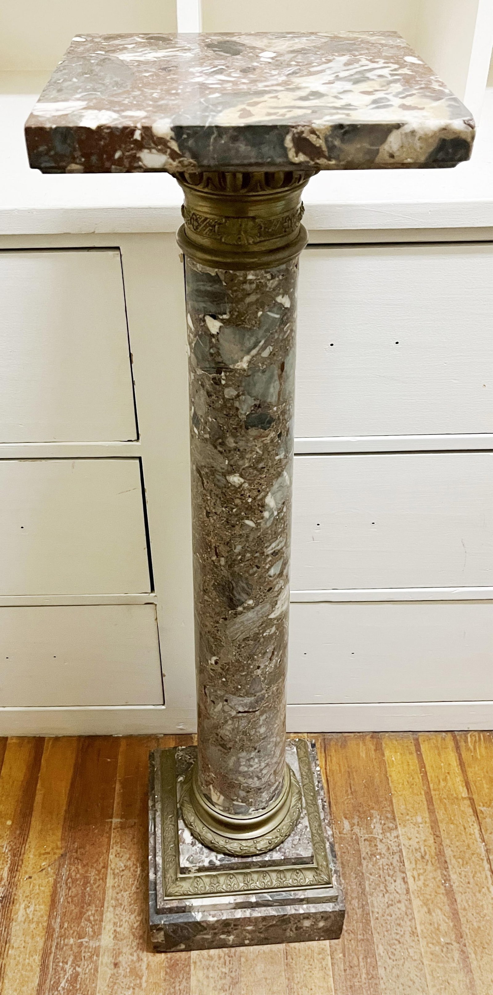 NEOCLASSICAL BRONZE-MOUNTED PORPHYRY MARBLE COLUMNAR PEDESTAL WITH SQUARE TOP AND STEPPED BASE - H: (1 of 3)