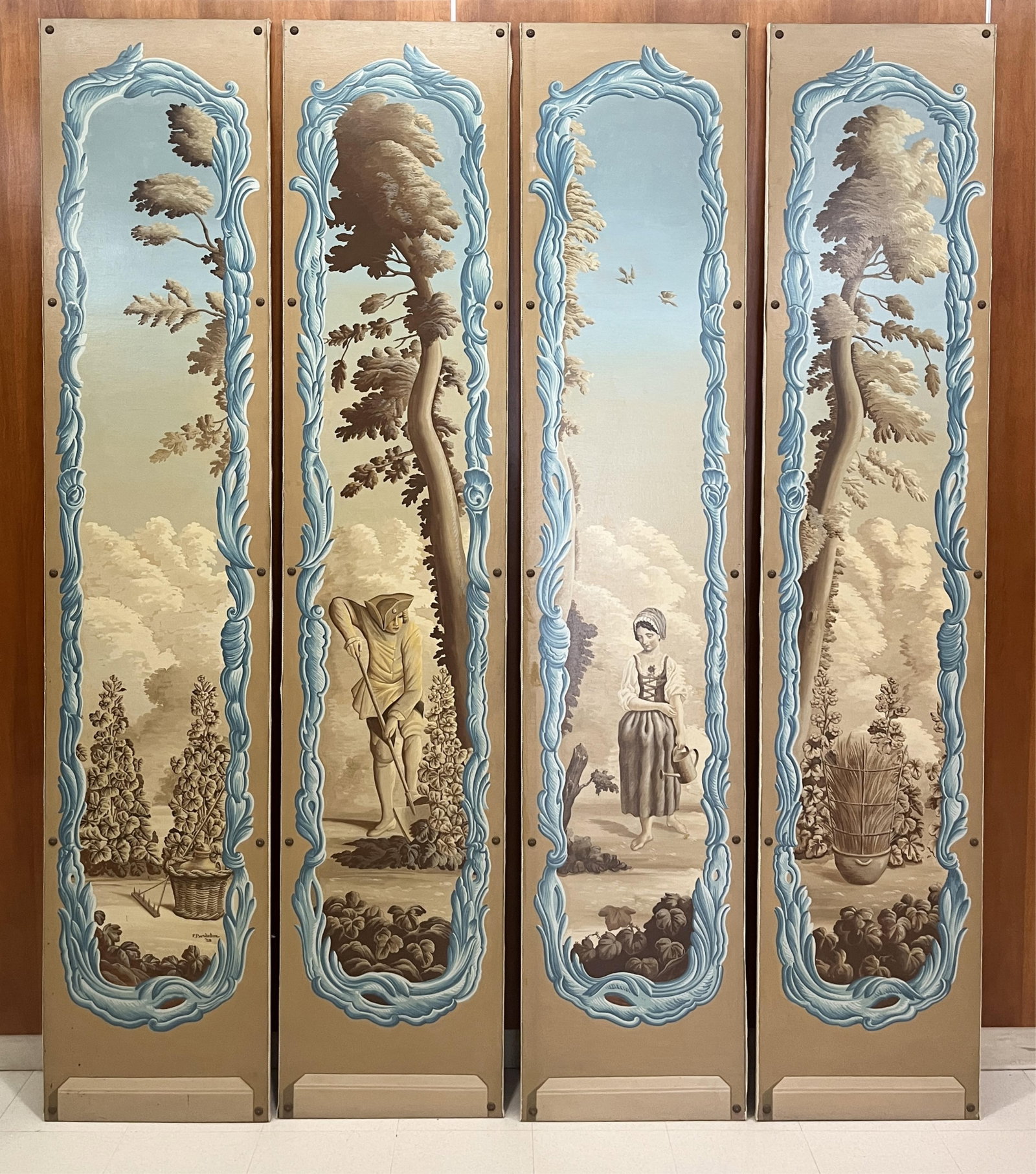 SET FOUR VERTICAL RECTANGULAR PANELS PAINTED WITH GARDENERS AND GARDENS - H: 98 IN; W: 20 1/2 IN. (1 of 12)