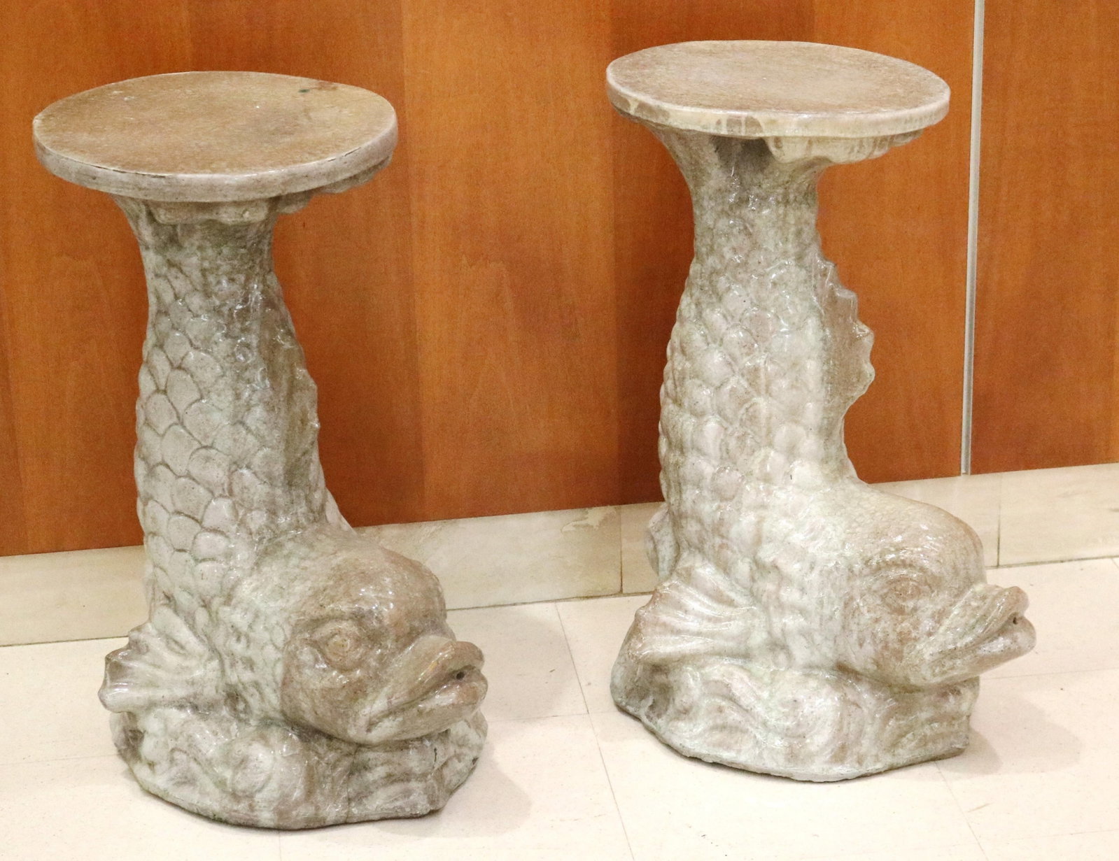 SET SIX GLAZED CERAMIC FISH-FORM COCKTAIL STANDS FOR POOLSIDE - H: 24 in. Top, D: 12 in.. (1 of 20)
