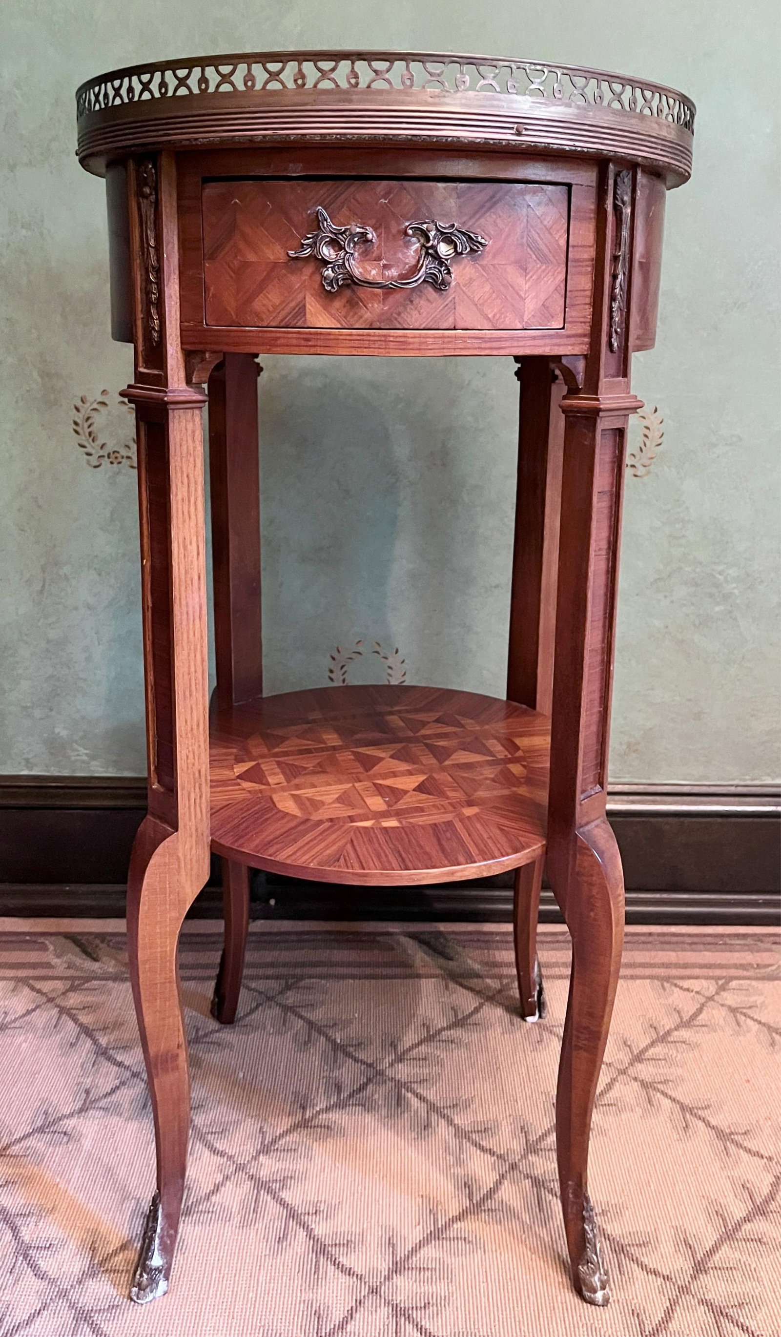 CONTINENTAL PARQUETRY INLAID FRUITWOOD CIRCULAR-TOP STAND WITH BRASS GALLERY, APRON DRAWER AND (1 of 7)