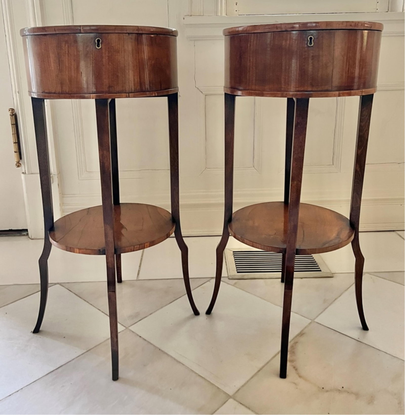 PAIR BIEDERMEIER FRUITWOOD HINGED-TOP CIRCULAR SIDE TABLES - H: 28 IN; D: 12 IN. (1 of 4)