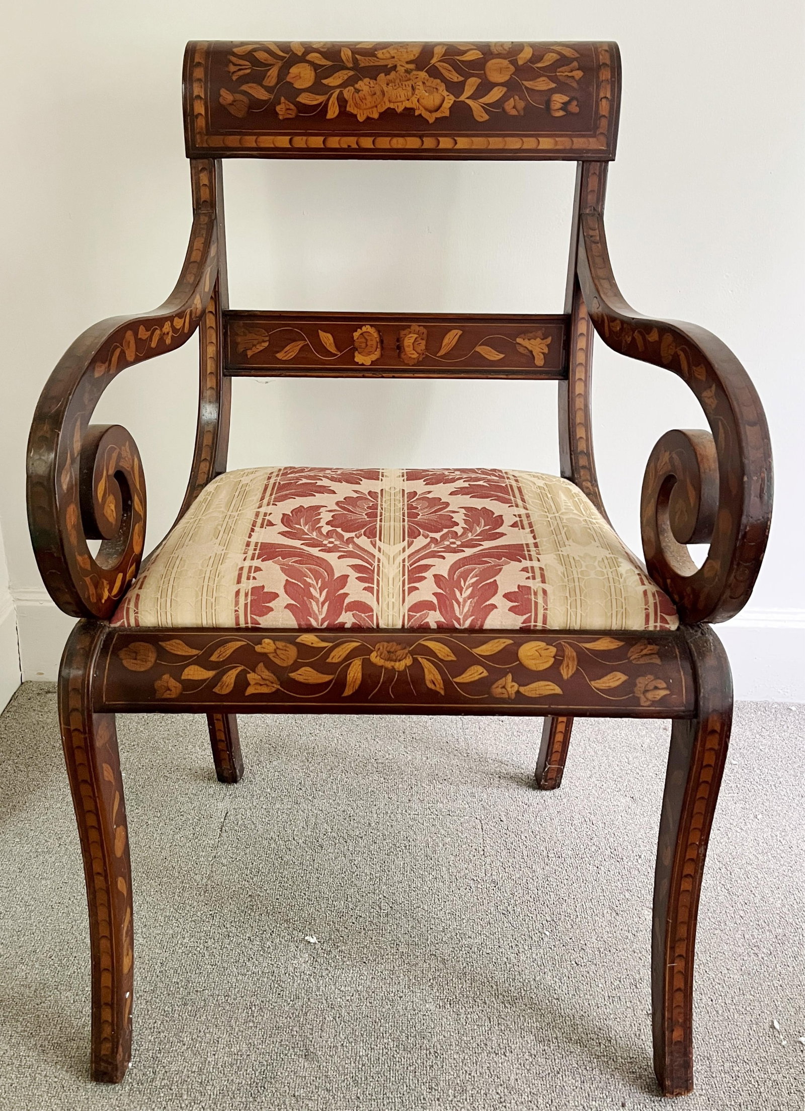 ANGLO-DUTCH BIRD-AND-FLORAL MARQUETRY-INLAID OPEN-ARM CHAIR - H: 35 IN; W: 21 IN; D: 19 IN. (1 of 6)