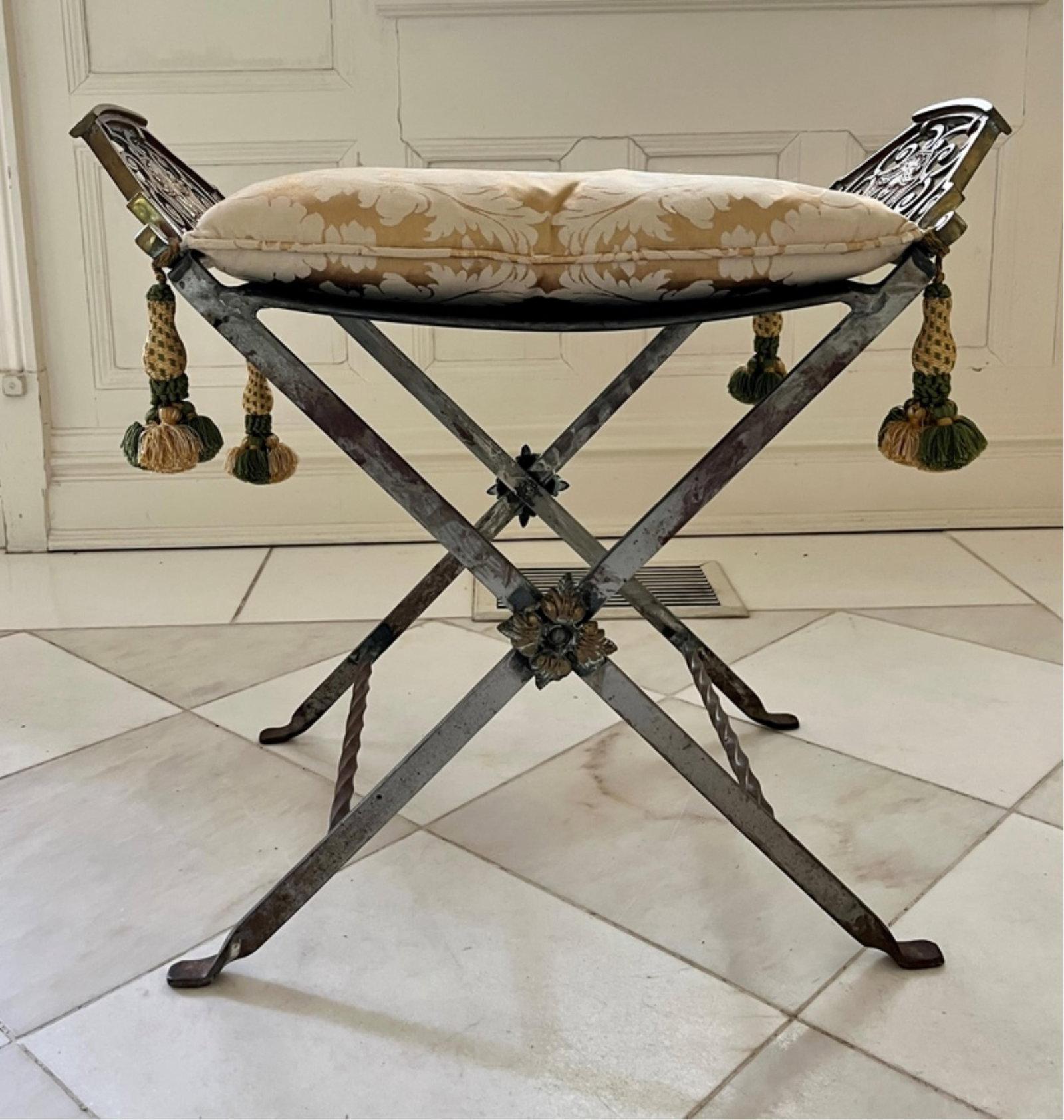 FRENCH OSCAR BRUNO BACH NEOCLASSICAL DESIGN CAST BRASS AND STELL CURVE CROSS-BASE STOOL WITH CUSHION (1 of 5)
