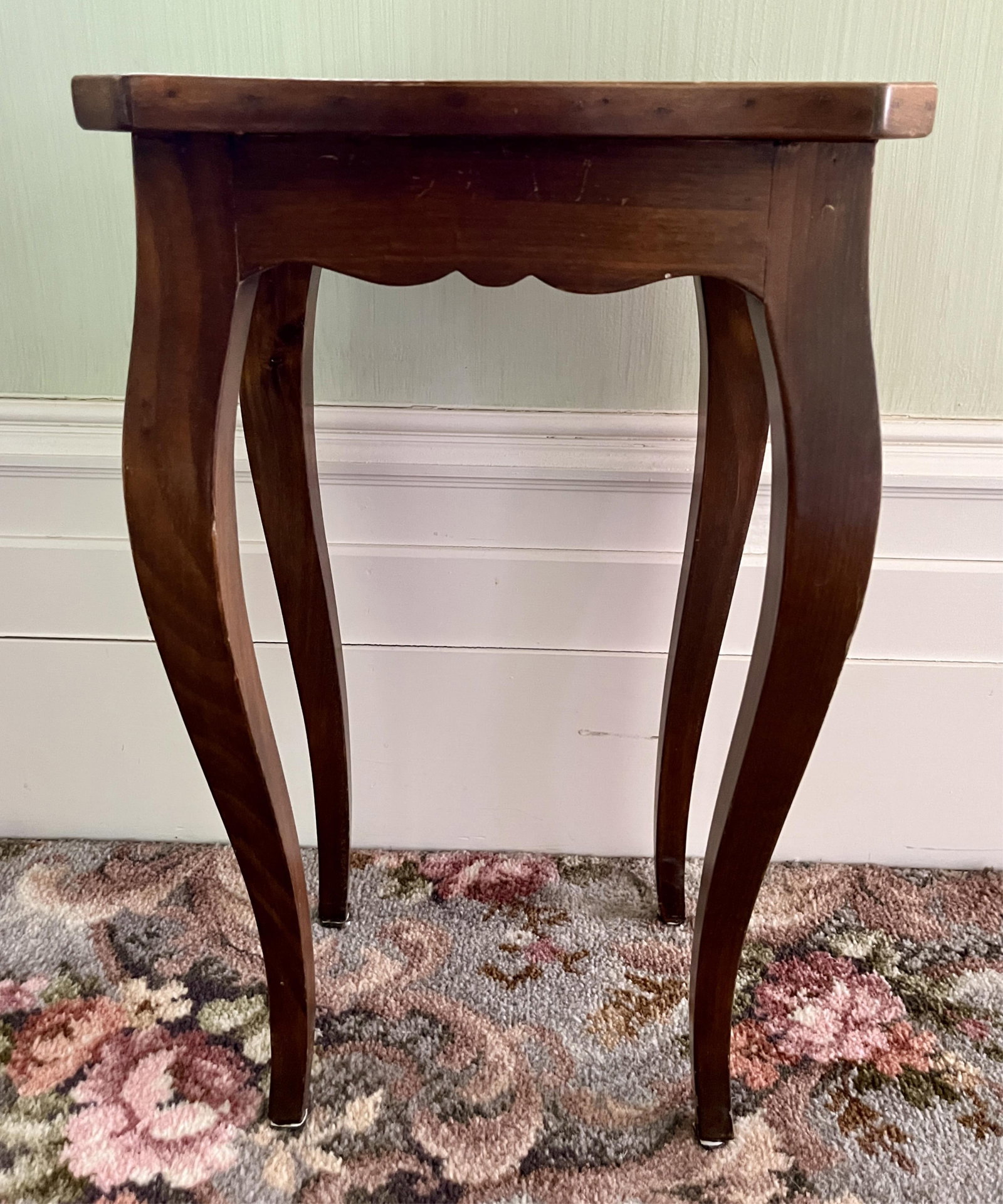 FRENCH PROVINCIALSTYLE-FRUITWOOD STAND WITH SHAPED RECTANGULAR TOP - H: 20 IN; W: 12 IN; D: 10 IN.: FRENCH PROVINCIALSTYLE-FRUITWOOD STAND WITH SHAPED RECTANGULAR TOP H: 20 IN; W: 12 IN; D: 10 IN PROVENANCE: ?Merry Hill?, an historic mansion built in 1899 and located in Greenspring Valley, Baltimore