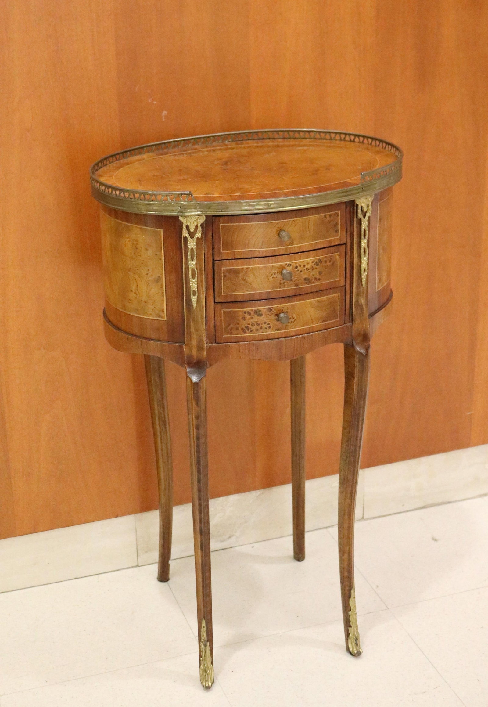 LOUIS XV STYLE BURL-INLAID, THREE DRAWER OVAL-TOP STAND - H: 28 IN; W: 17 IN. (1 of 20)