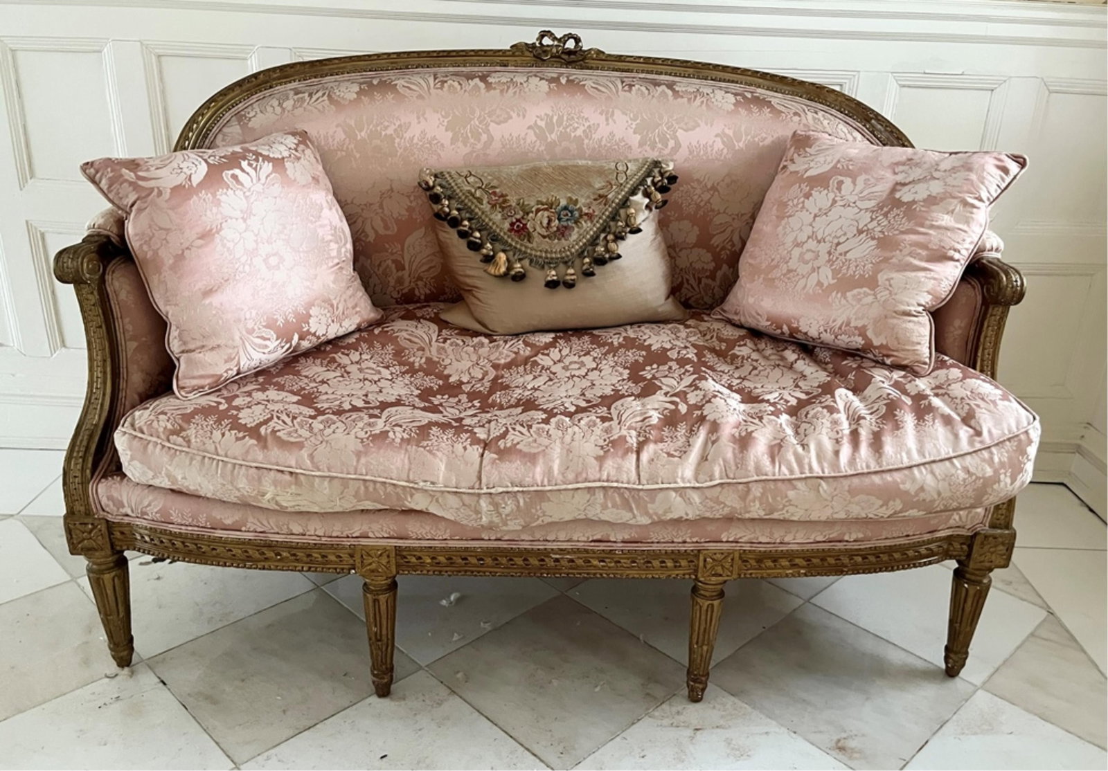 PAIR LOUIS XVI STYLE CARVED GILT-WOOD, UPHOLSTERED CANAPES 19th century - H: 36 IN; W: 53 IN; D: 28 (1 of 4)