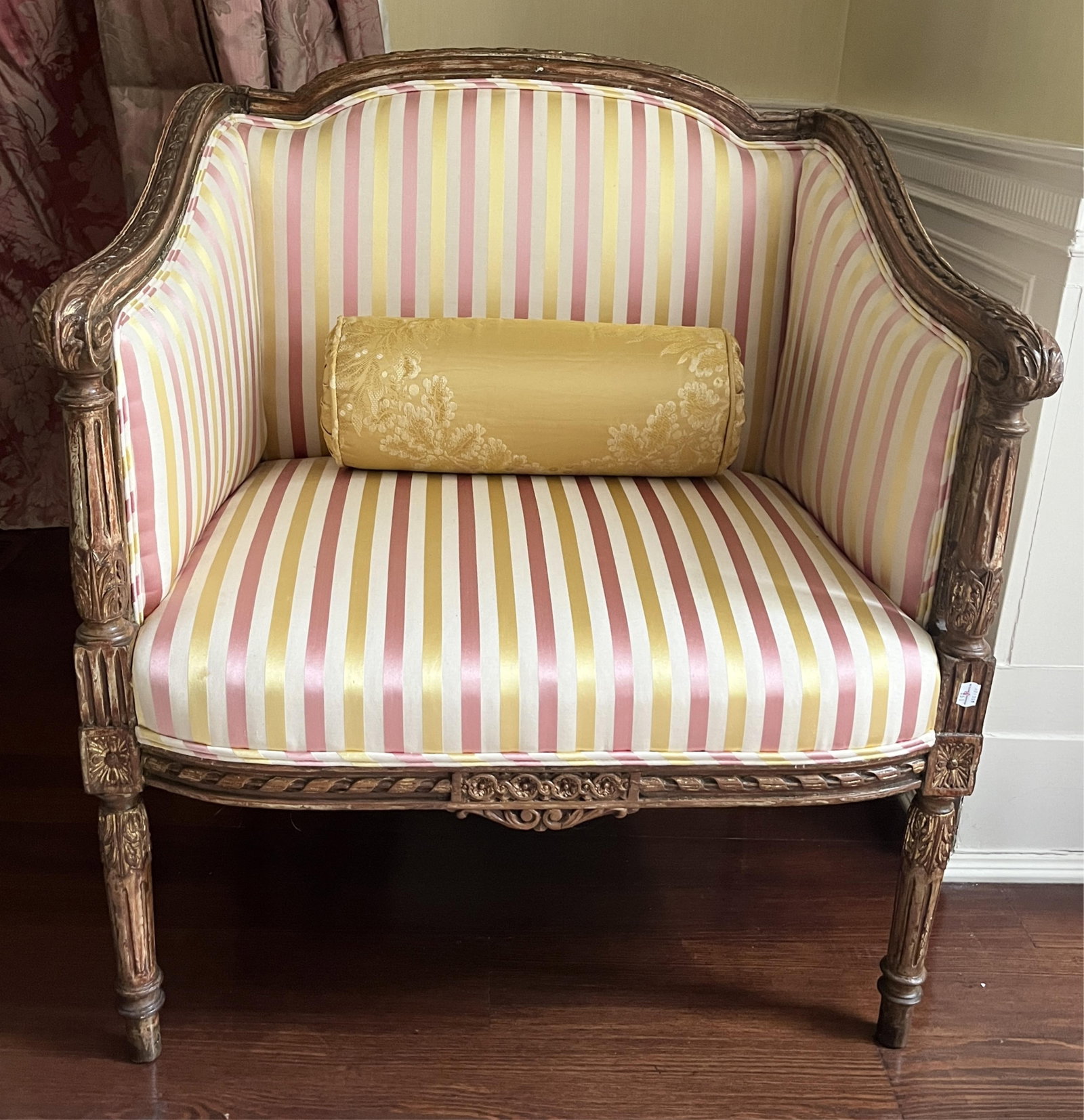 LOUIS XVI STYLE STRIPED-UPHOLSTERED BOUDOIR ARMCHAIR - H: 32 IN; W: 26 IN. (1 of 7)