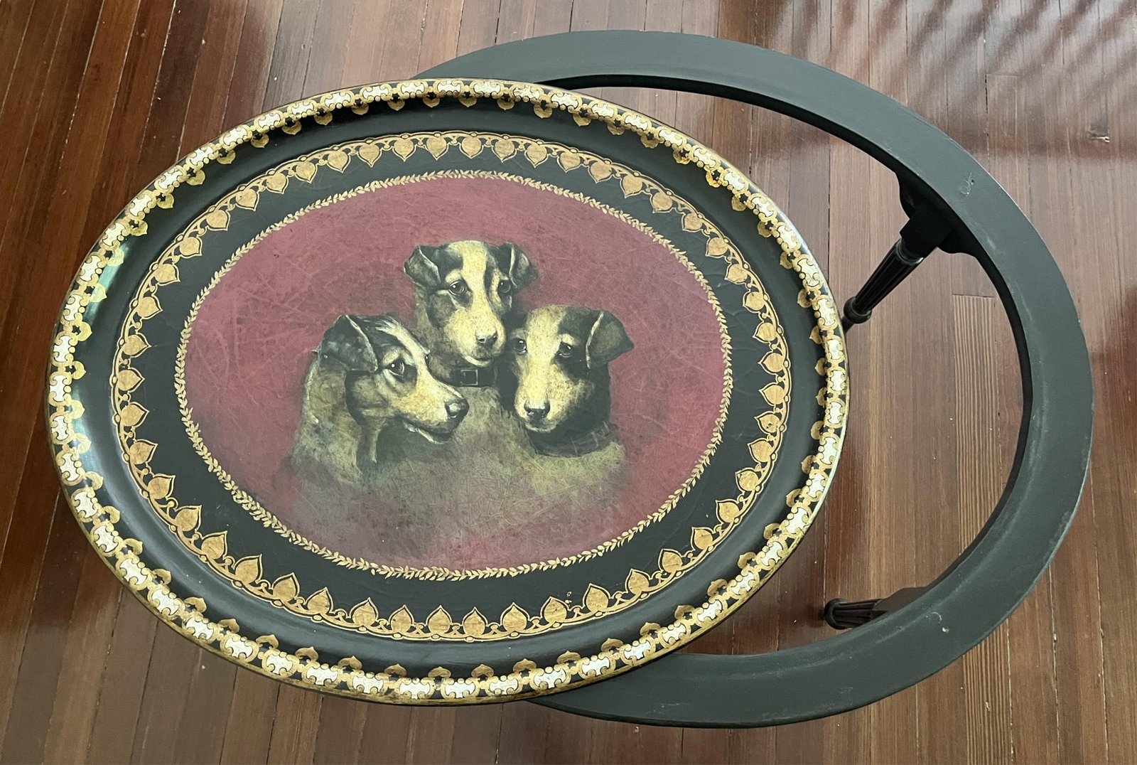 LOUIS XVI-STYLE OVAL TOP LOW TABLE WITH VICTORIAN PAPIER MACHE TRAY PAINTED WITH HEADS OF THREE DOGS (1 of 5)