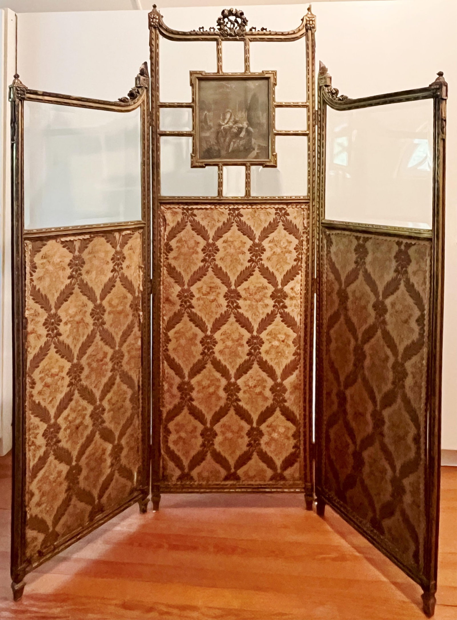 NAPOLEON III UPHOLSTERED GILT-WOOD GLASS PANEL DRESSING SCREEN - H: 66 IN; W: 59 IN; D: 19 IN. (1 of 6)