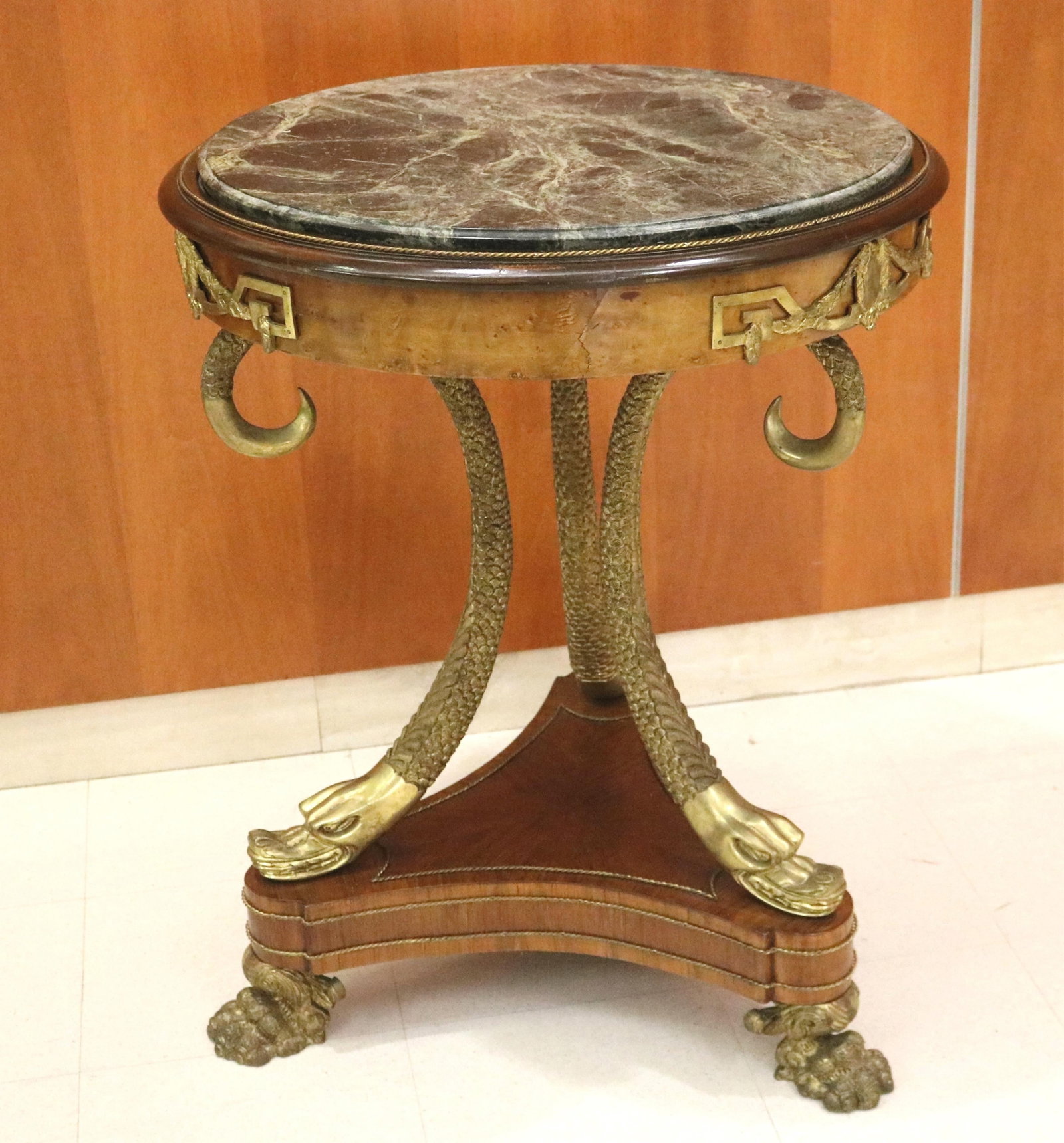 PAIR NAPOLEON II MARBLE-TOP GUERIDONS WITH DOLPHIN LEGS - H: 32 IN; D: 26 IN. (1 of 20)