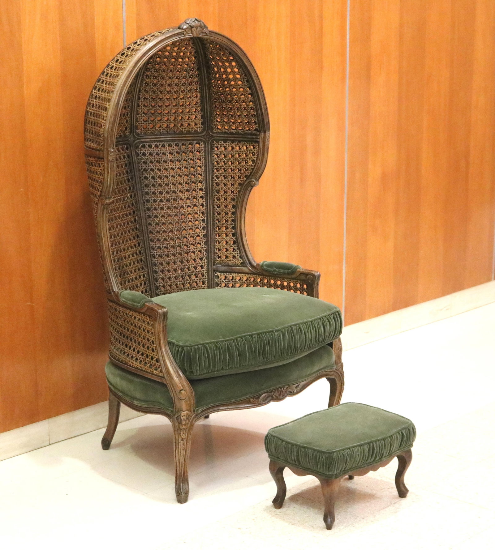 LOUIS XV-STYLE CARVED AND CANED HALL PORTER'S CHAIR WITH ACCOMPANYING STOOL - H: 58 in.; W: 28 in.. (1 of 20)