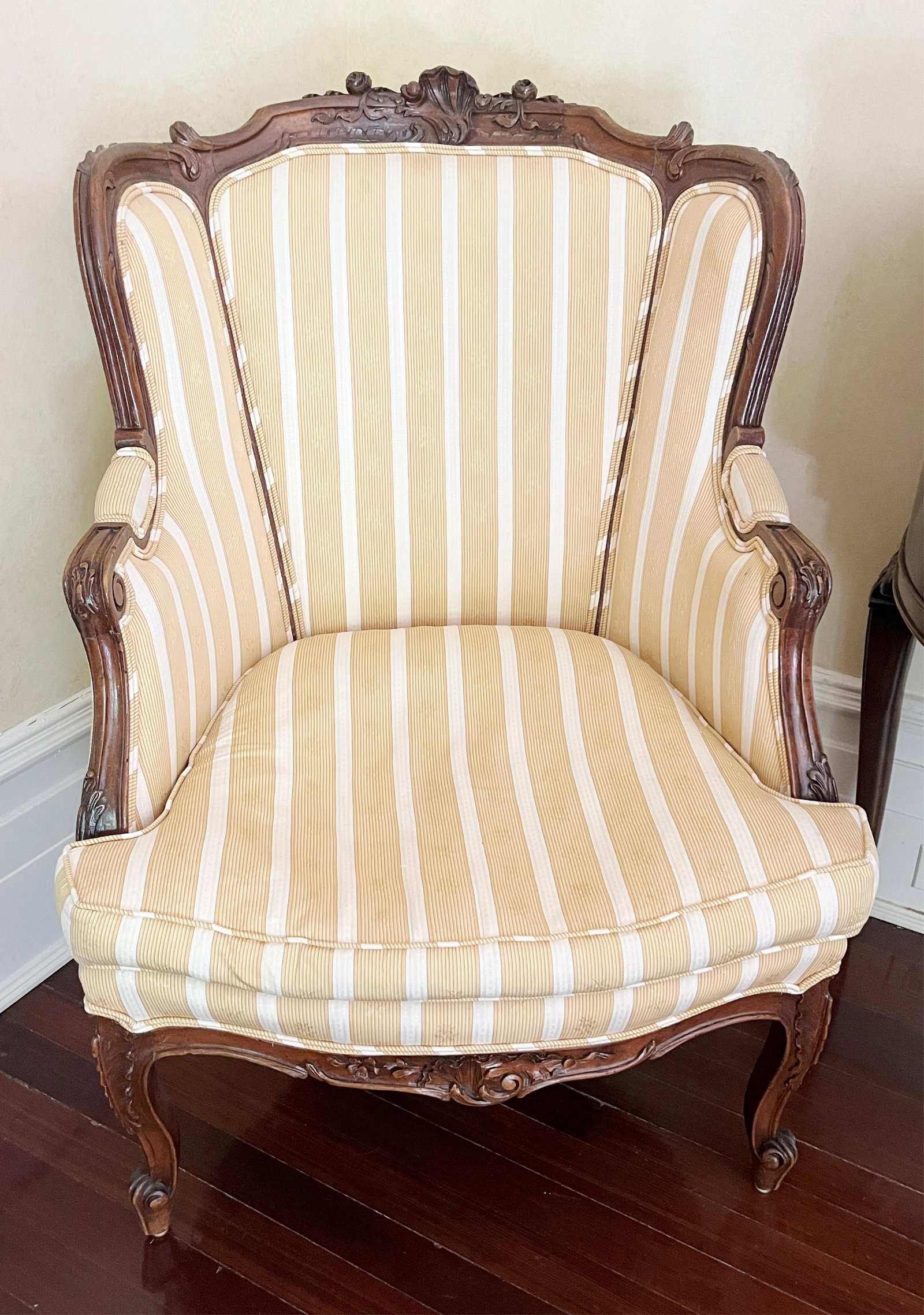 PAIR LOUIS XV STYLE WALNUT UPHOLSTERED BERGERS A OREILLE - H: 40 IN; W: 28 IN; D: 27 IN. (1 of 3)