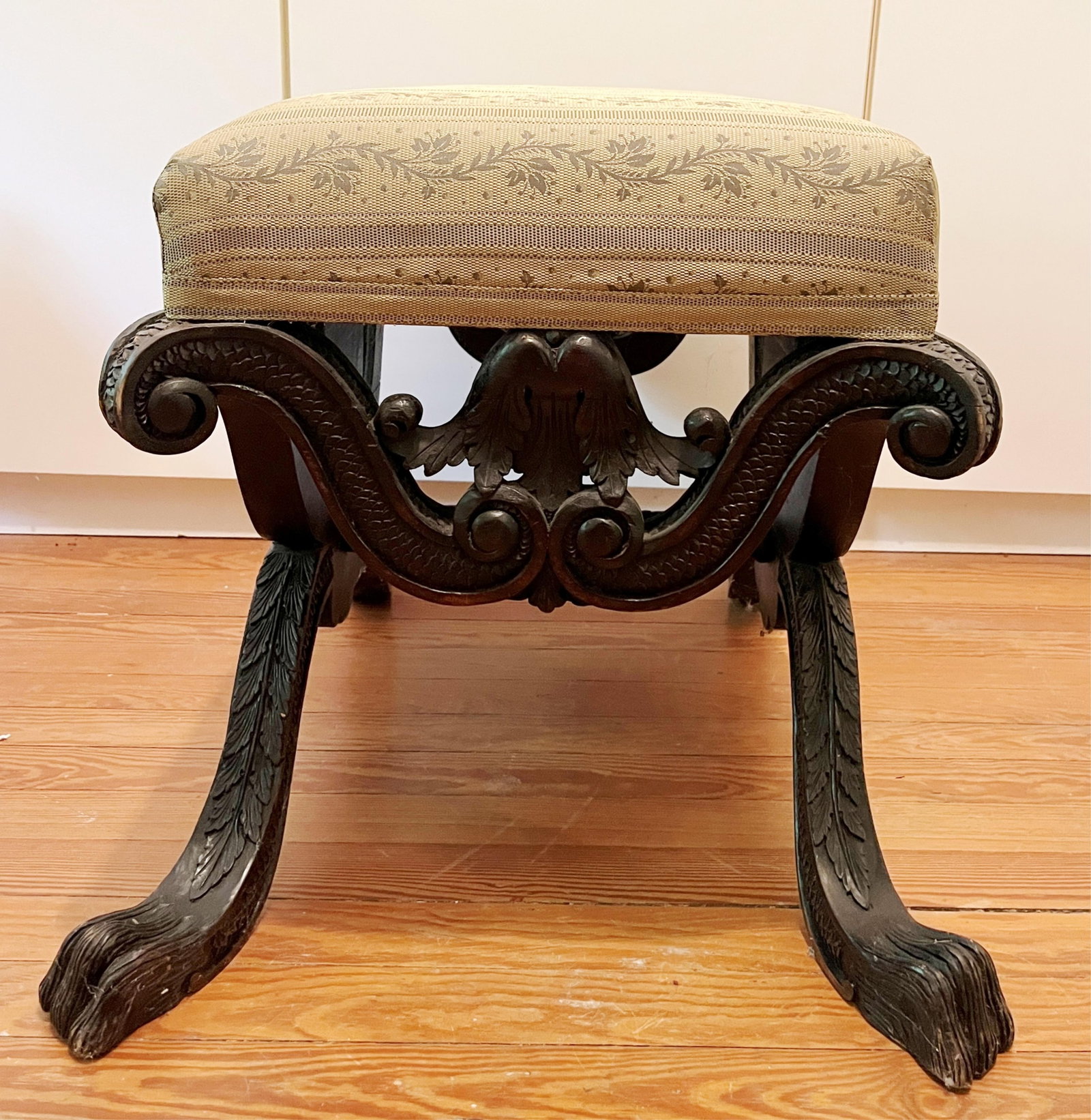 CARVED AND UPHOLSTERED RECTANGULAR-TOP FOOTSTOOL 19th century - H: 20 IN; Overall at feet, 22 in x (1 of 4)