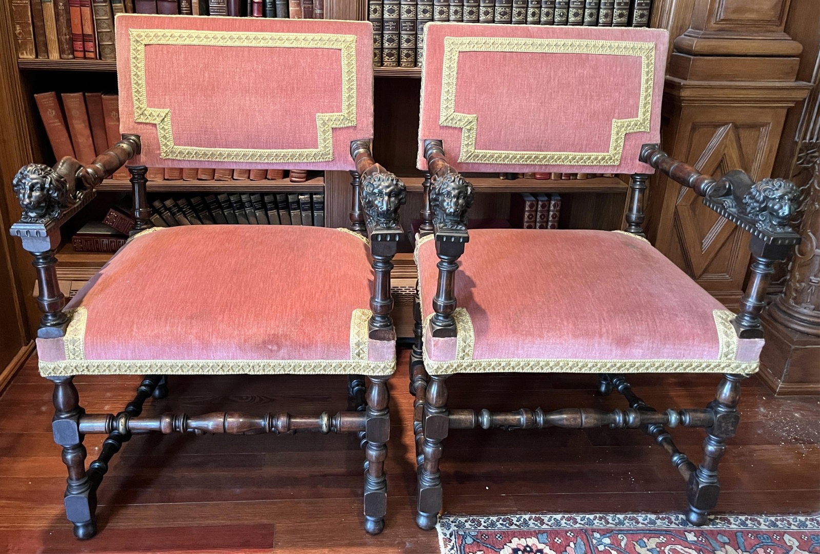 PAIR ITALIAN RENAISSANCE STYLE CARVED AND UPHOLSTERED OPEN ARM CHAIRS late 19th century - H: 36 IN; (1 of 8)