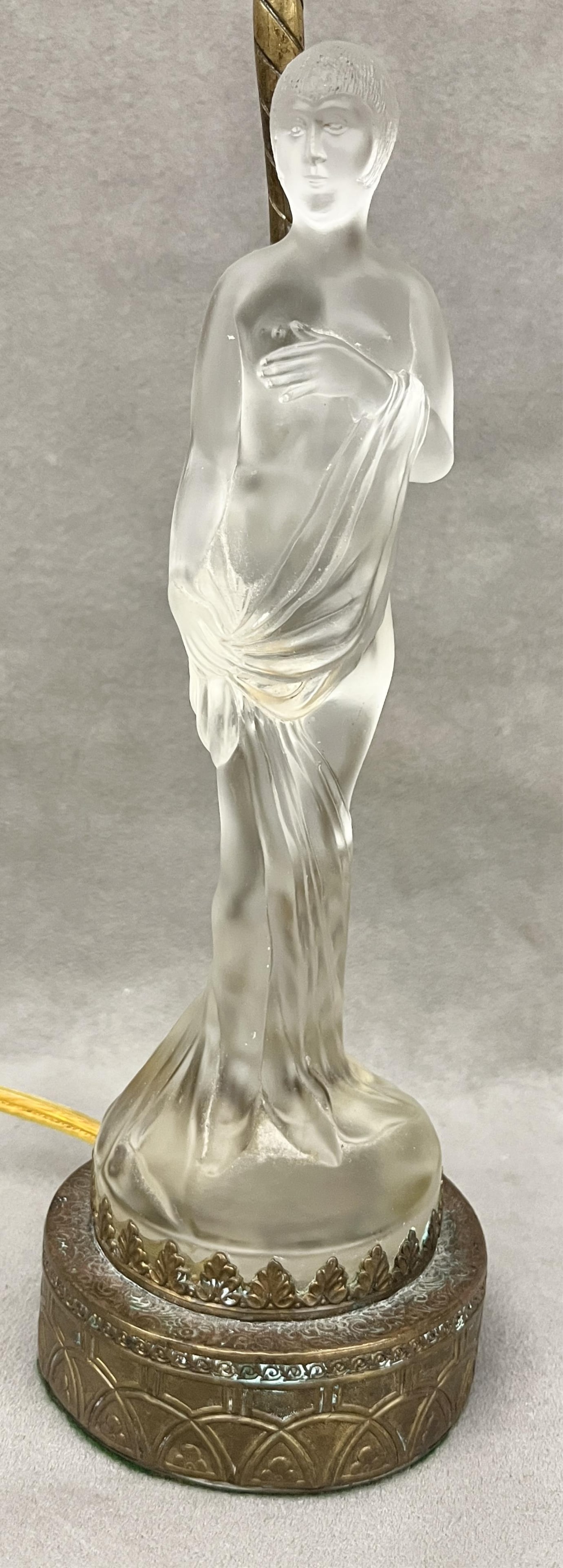 ART DECO BOUDOIR LAMP FASHIONED AS FROSTED GLASS FIGURE OF STANDING MAIDEN - H: 20 1/2", to top of (1 of 9)