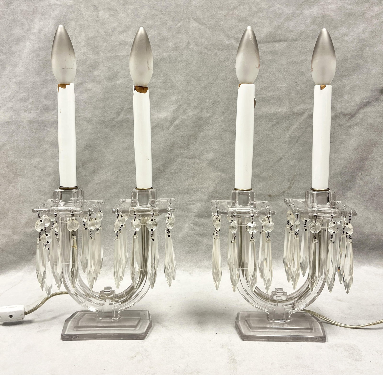 PAIR COLORLESS GLASS DOUBLE-ARMED U-FORM CANDLESTICK-STYLE TABLE LAMPS SUSPENDING LUSTERS - H: 13 (1 of 9)