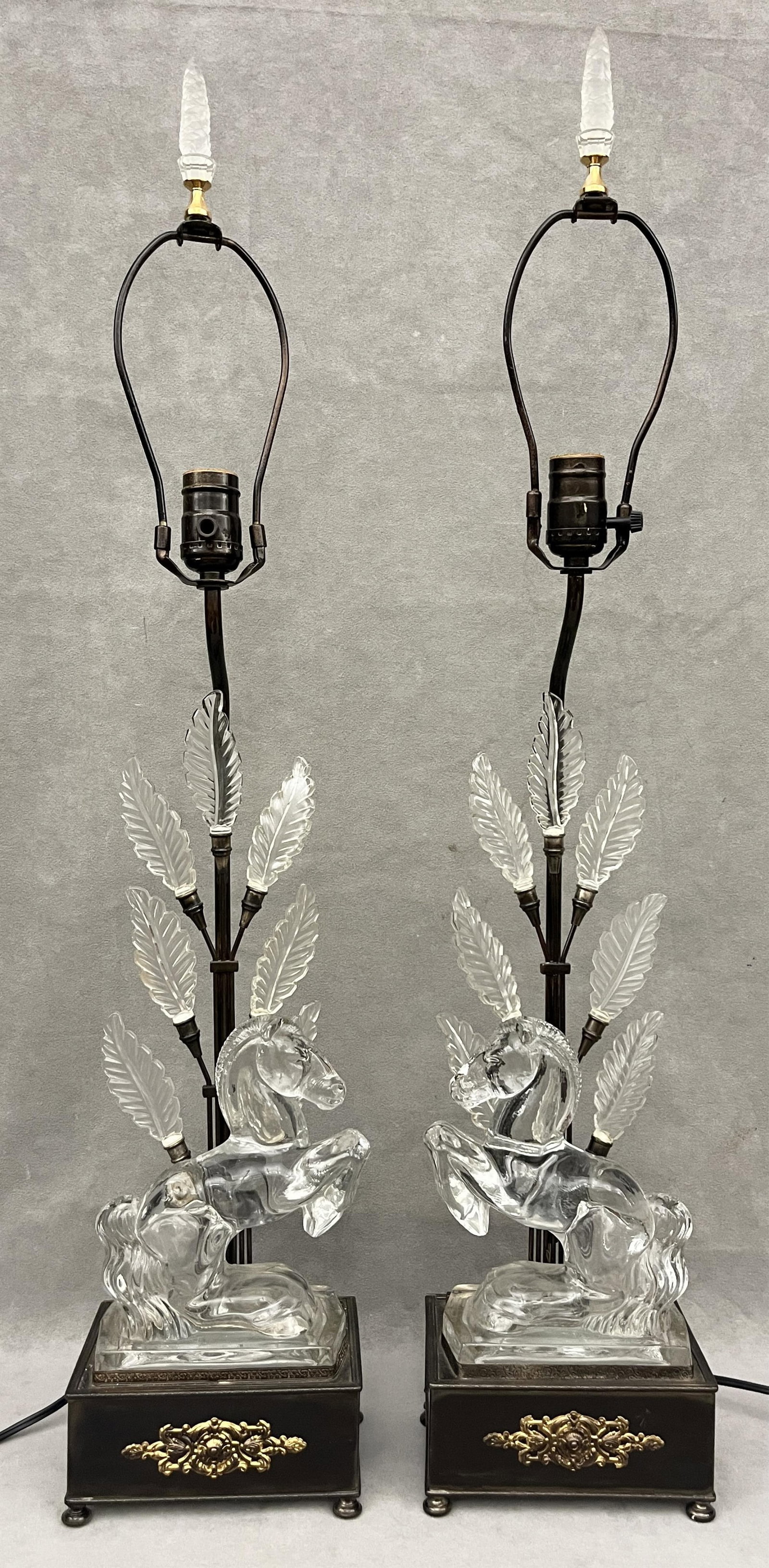 PAIR FRENCH ART DECO MOLDED COLORLESS CRYSTAL LAMPS WITH HORSES AND SPRAY OF SEVEN LEAVES - H: 32 (1 of 14)