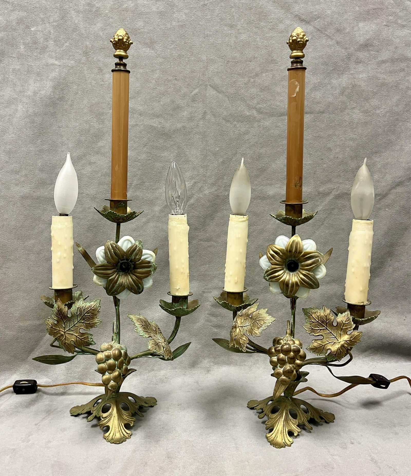 PAIR FRENCH CAST BRASS AND WHITE OPALINE GLASS FLORAL CANDELABRA MOUNTED AS TABLE LAMPS late 19th: PAIR FRENCH CAST BRASS AND WHITE OPALINE GLASS FLORAL CANDELABRA MOUNTED AS TABLE LAMPS late 19th century H: 21 3/4 in, to top of finial