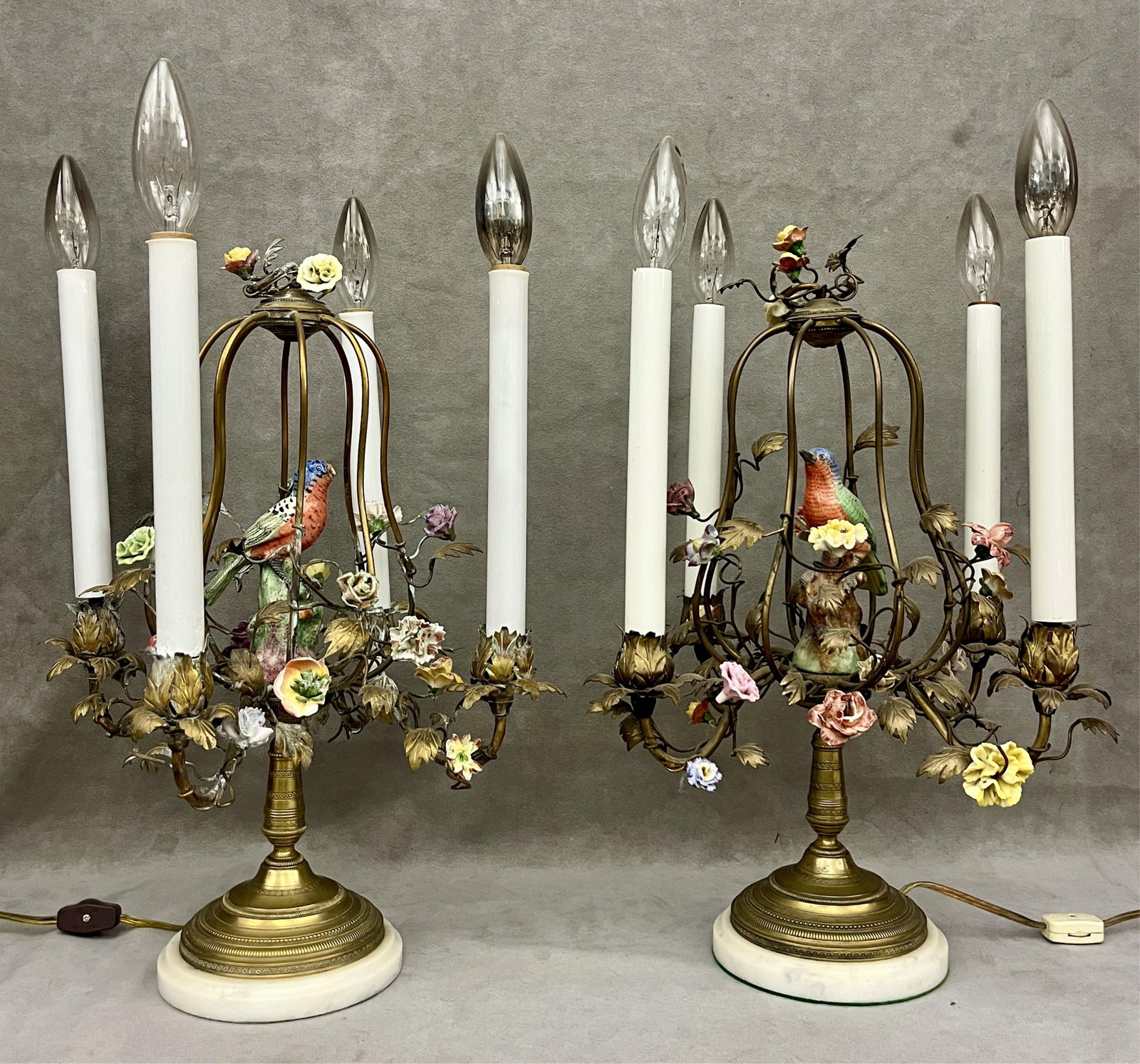 PAIR BELL-SHAPED CAGE-FORM FOUR-LIGHT CANDELABRA, EACH WITH PORCELAIN BIRD AND FLOWER DECORATION - . (1 of 14)