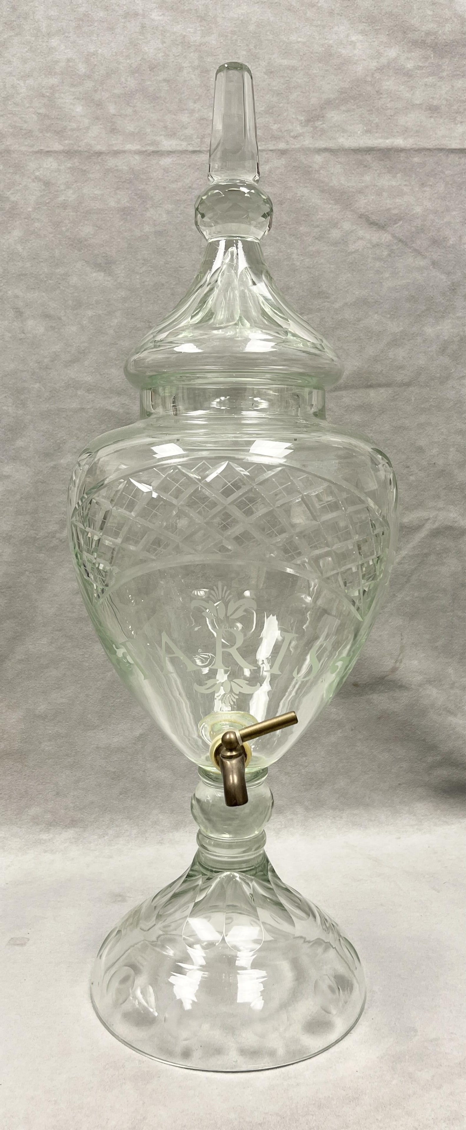 FRENCH CUT AND ETCHED PALE GREEN-TINTED GLASS DRINK DISPENSER - H: 26 inches.. (1 of 7)