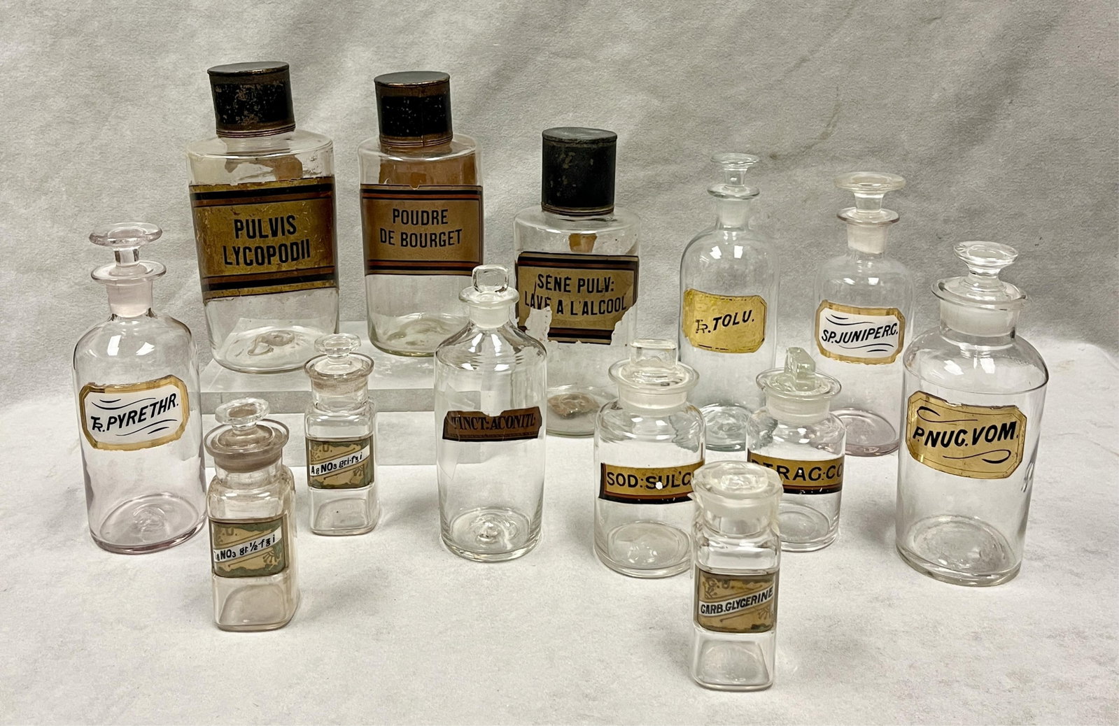 COLLECTION 13 ASSORTED GLASS APOTHECARY BOTTLES - Tallest, H: 8 inches.. (1 of 20)
