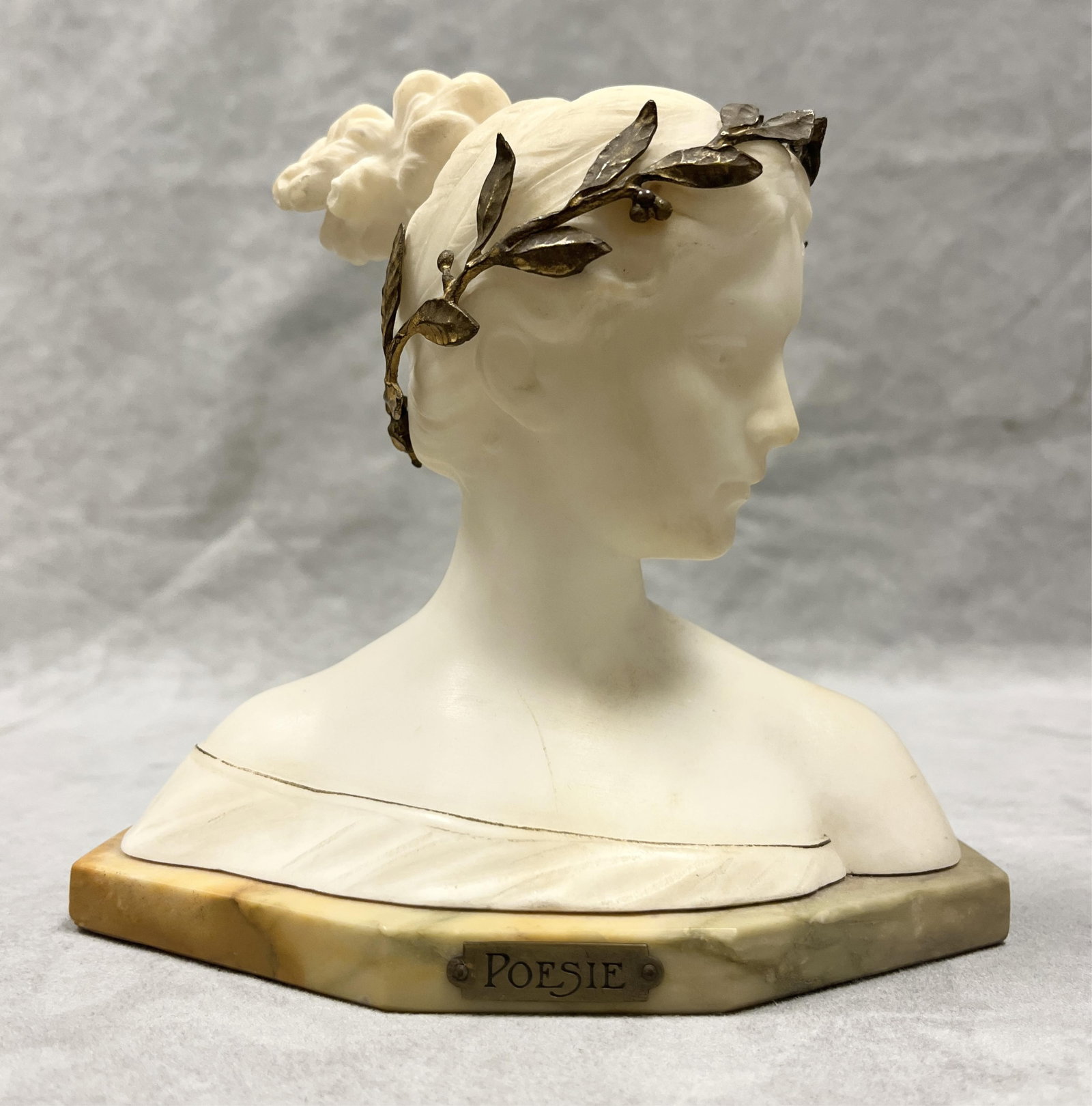 ALABASTER BUST OF POESIE WITH BRASS LAUREL WREATH After the original by Antonio Garella (1863?1919) (1 of 11)