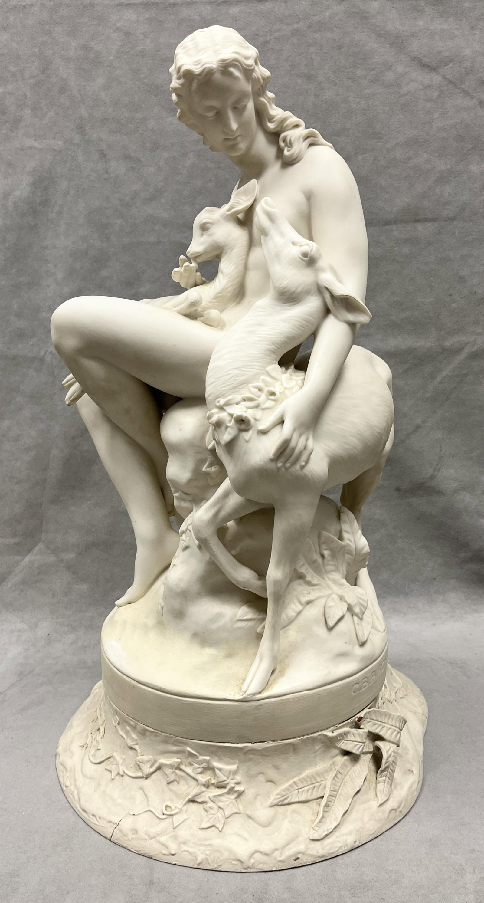 PARIANWARE "WOOD NYMPH" FIGURE GROUP MODELED AS MAIDEN WITH DEER AND FAWN DATED 1866, SCULPTED BY: PARIANWARE "WOOD NYMPH" FIGURE GROUP MODELED AS MAIDEN WITH DEER AND FAWN DATED 1866, SCULPTED BY CHARLES BELL BURCH (1832?1893) Originally wired as table lamp H: 24 inches.