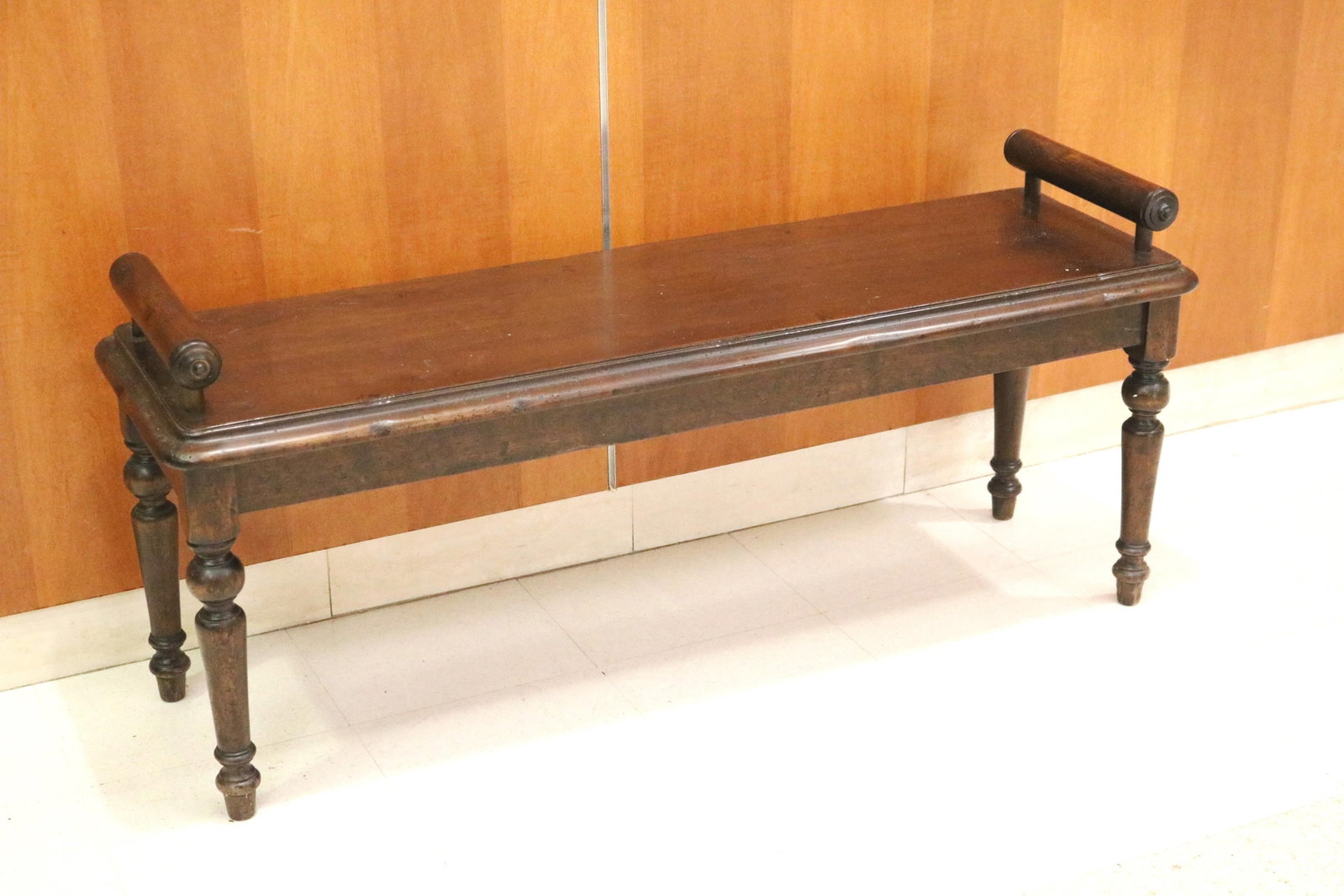 VICTORIAN-STYLE WALNUT PLANK SEAT BENCH WIHT PAIR RAISED CYLINDRICAL END BARS - H: 20 IN; W: 47 IN; (1 of 13)