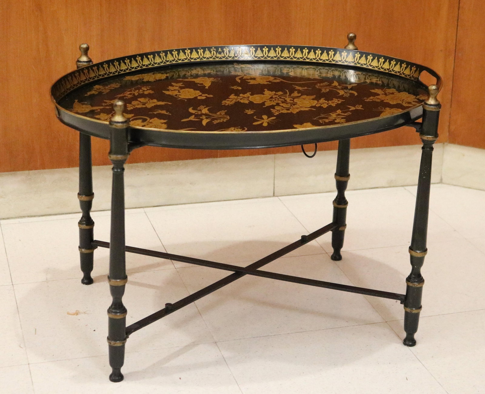 GILT-FLORAL DECORATED TOLEWARE OVAL TRAY ON BLACK-AND-GILT STAND - H: 70 1/2 IN; W: 25 1/2 IN; D: 19 (1 of 13)