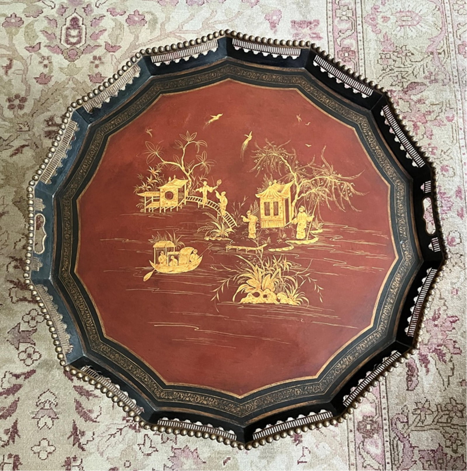 CHINOISERIE RED AND GILT DECORATED POLYGONAL TOLE TRAY, ON REGENCY STYLE BAMBOO-TURNED STAND FOR USE (1 of 6)